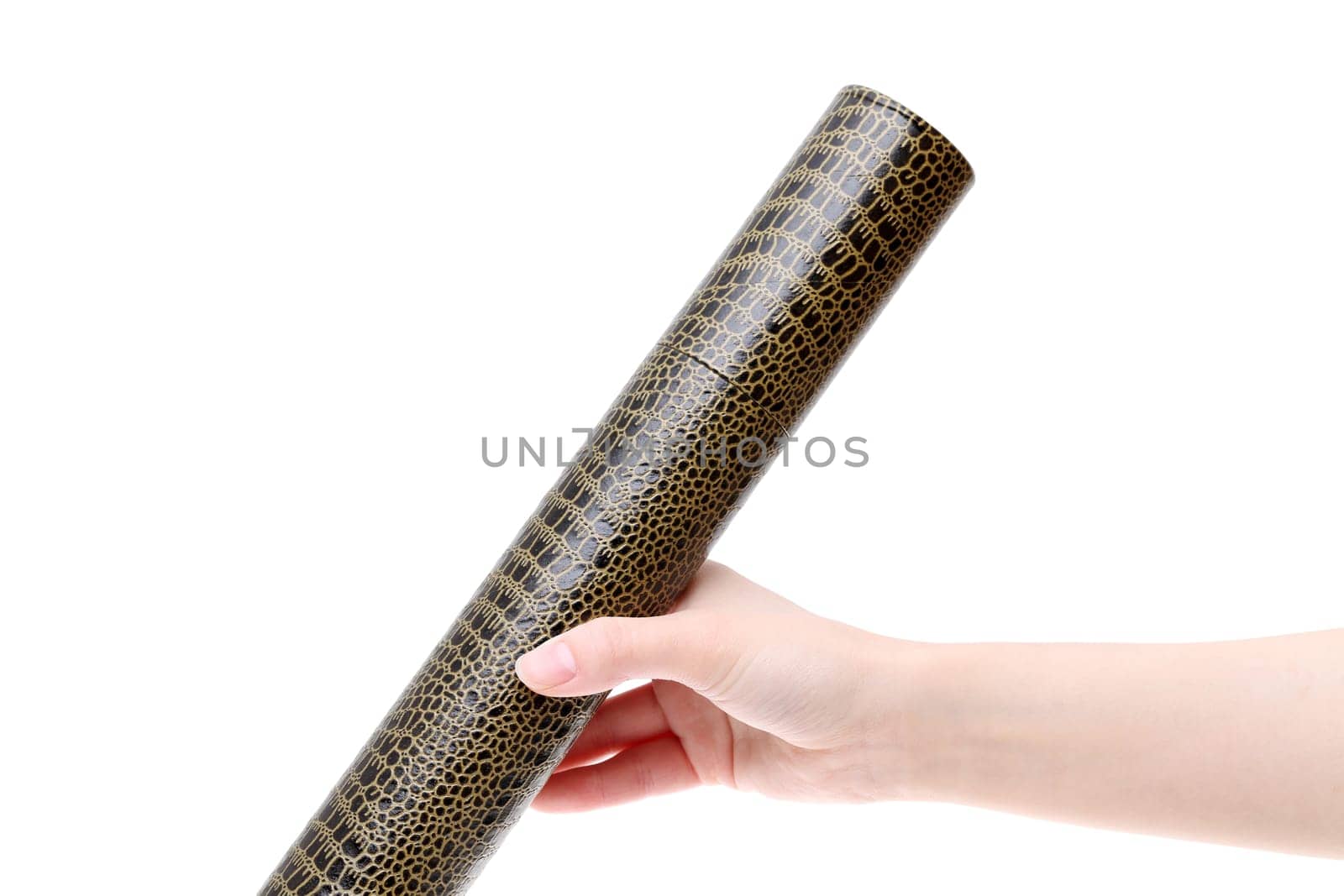 Hand holding Japanese diploma holder isolated on white background