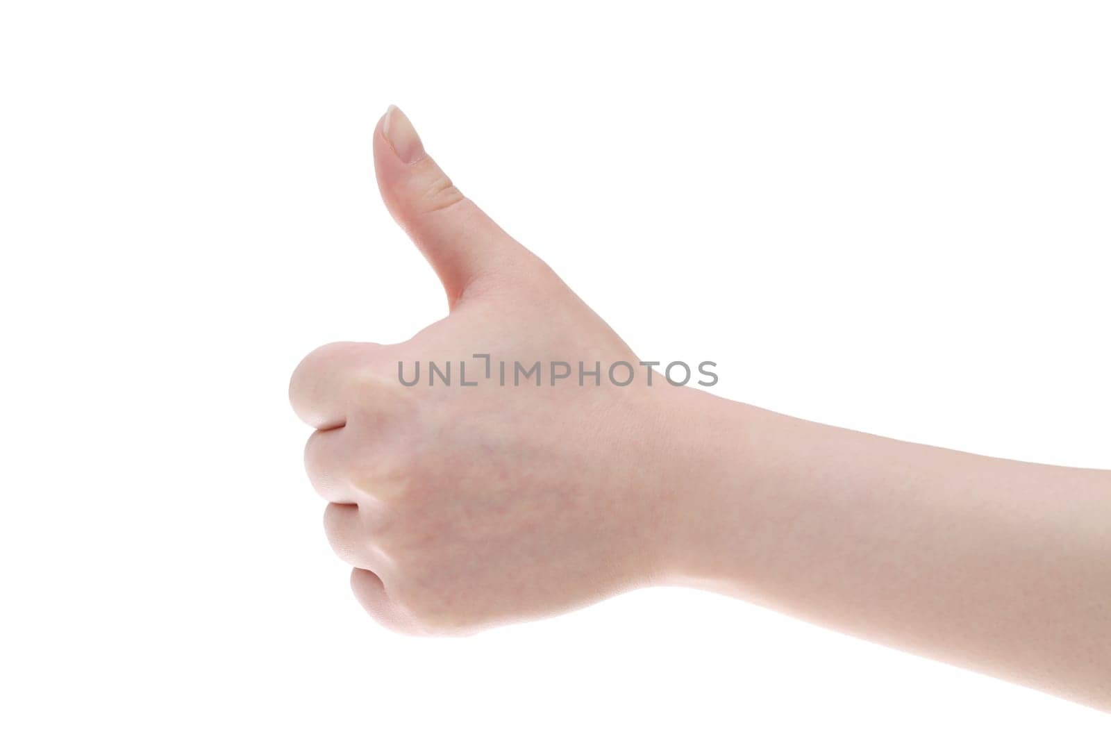 Woman hand with thumb up isolated on white background　