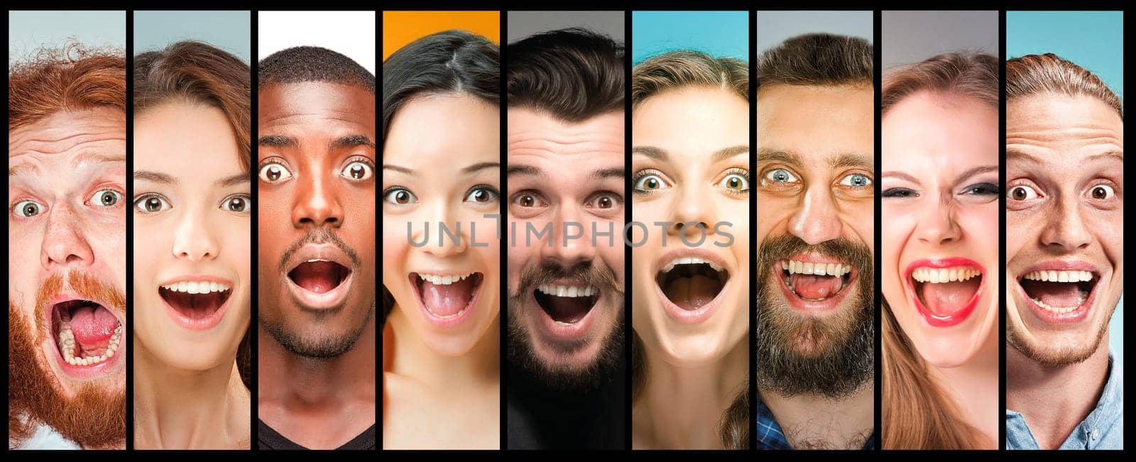 The collage of young women and men smiling and surprised face expressions