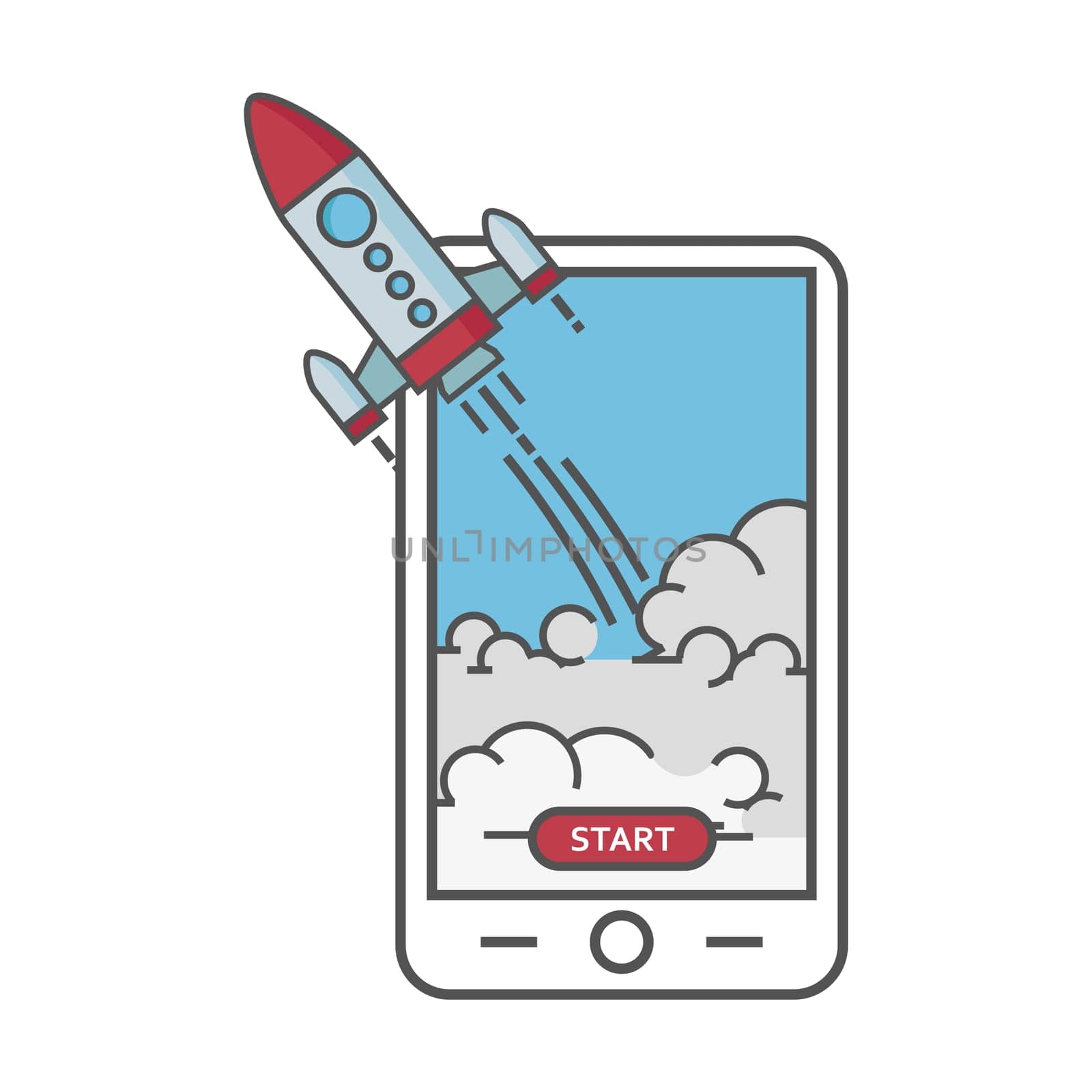 Business start up concept. Flat illustration of smartphone with Rocket launcing