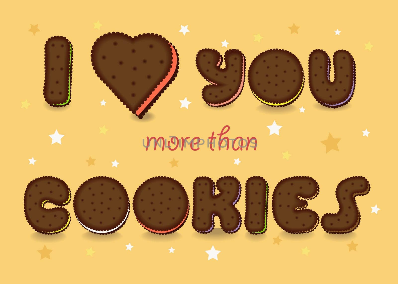 Romantic card with text - I love you more than Cookies. Chocolate artistic font. Yellow background with stars and hearts. illustration