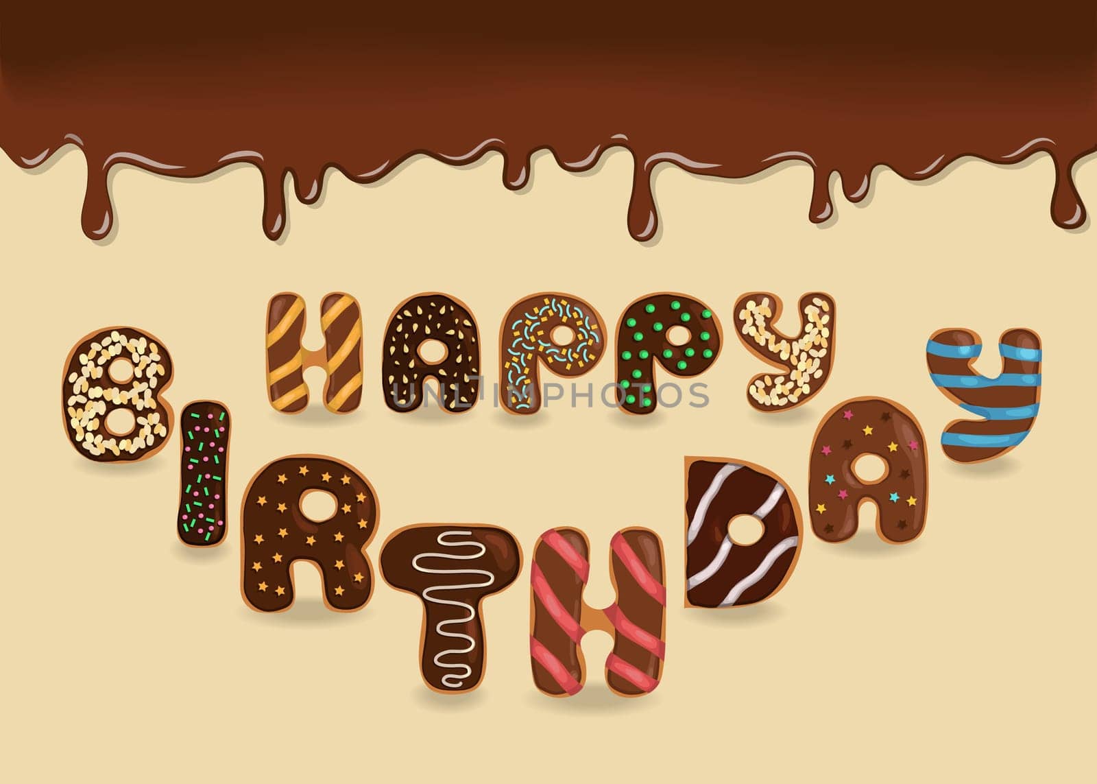 Happy Birthday Inscription. Brown Letters are as Chocolate Donuts with colorful cream decor. Illustration