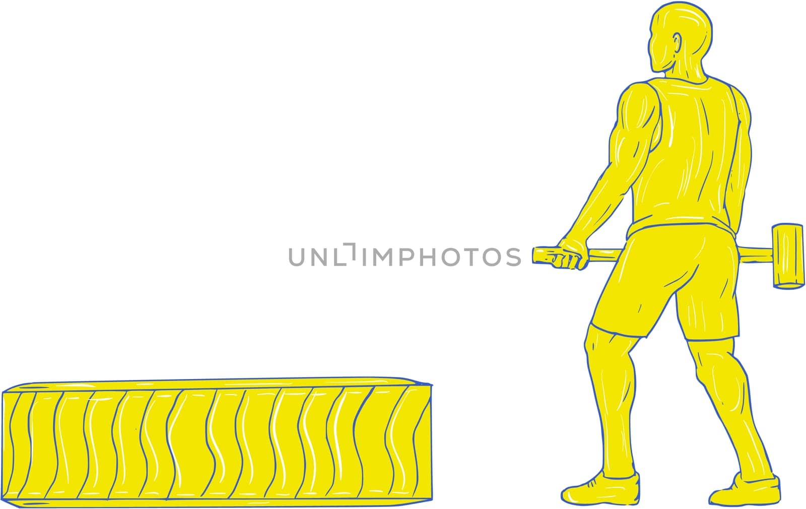 Drawing sketch style illustration of an athlete working out holding hammer with tire viewed from the side set on isolated white background.