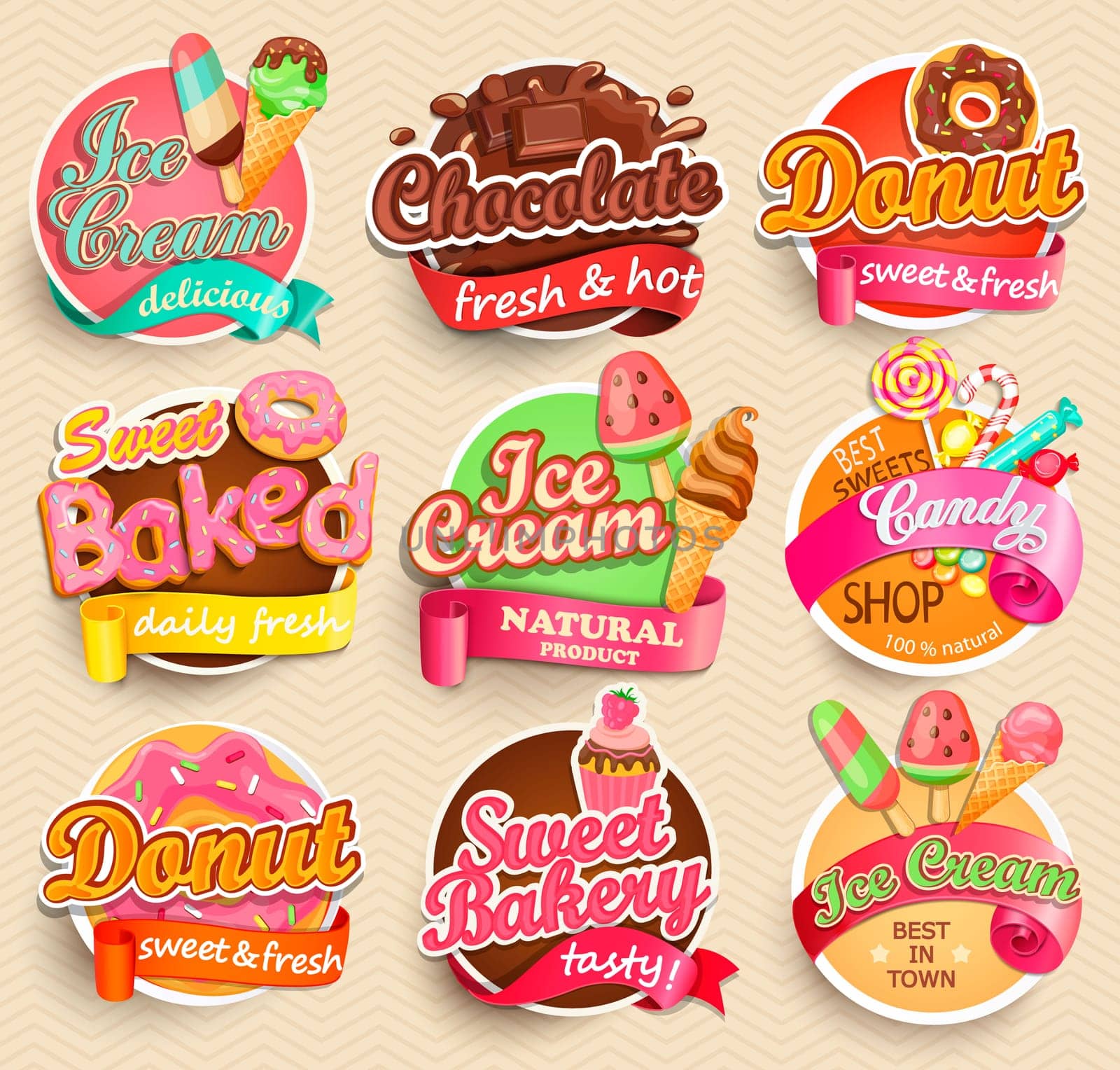 Set of sweet food labels. Vector illustration for cafe and restaurant menu.