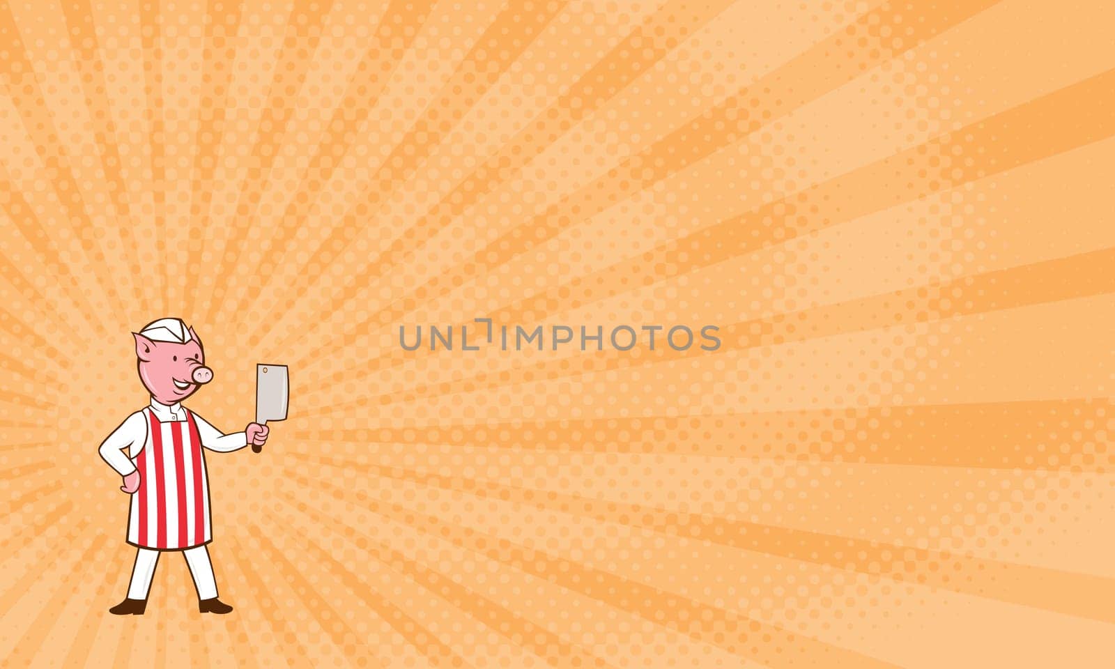 Business card showing Illustration of a butcher pig standing holding meat cleaver and one hand on hips viewed from front done in cartoon style. ...