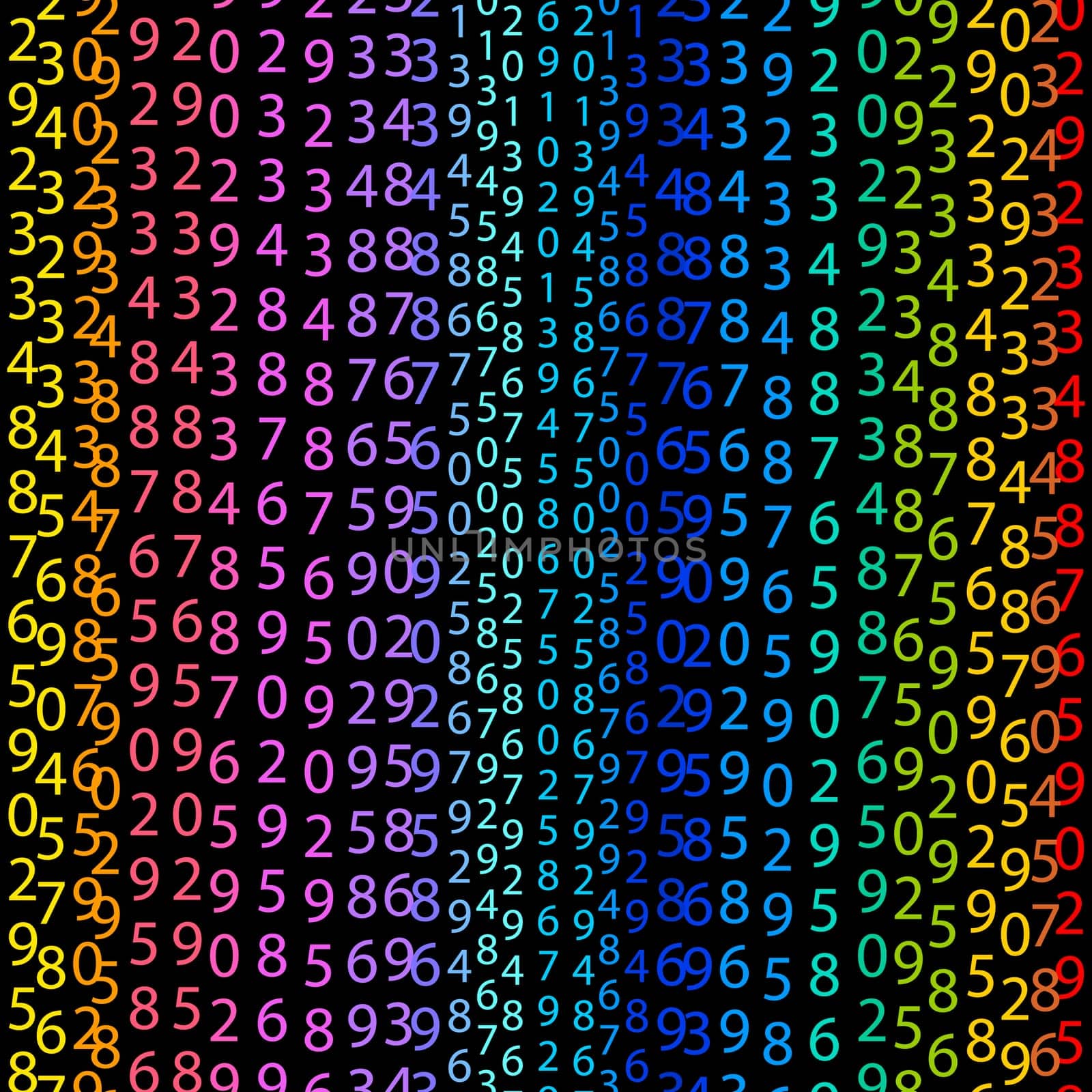 Matrix concept rainbow and black green background with digits on screen. Algorithm binary, data code, decryption and encoding, colorful rainbow row matrix, vector illustration