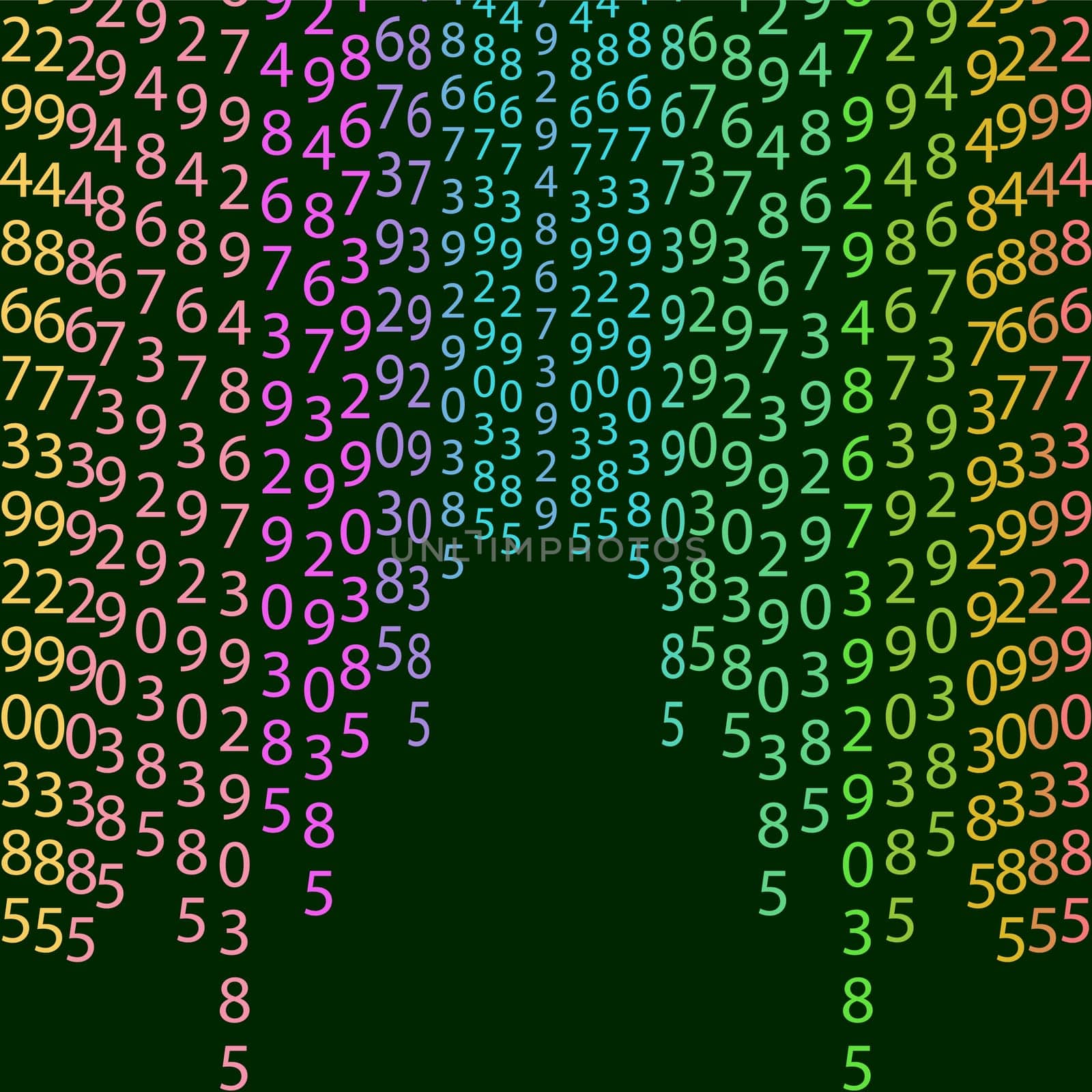 Matrix concept rainbow and black green background with digits on screen. Algorithm binary, data code, decryption and encoding, colorful rainbow row matrix, vector illustration