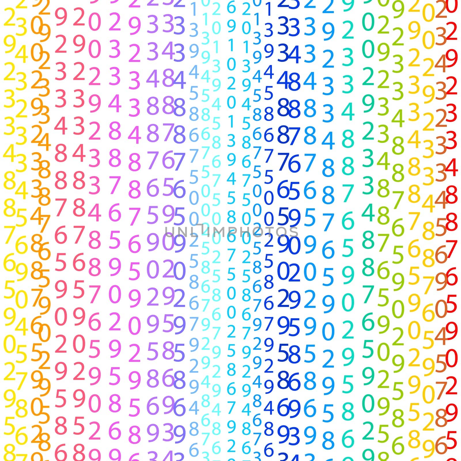 Matrix concept rainbow and white background with digits on screen. Algorithm binary, data code, decryption and encoding, colorful rainbow row matrix, vector illustration