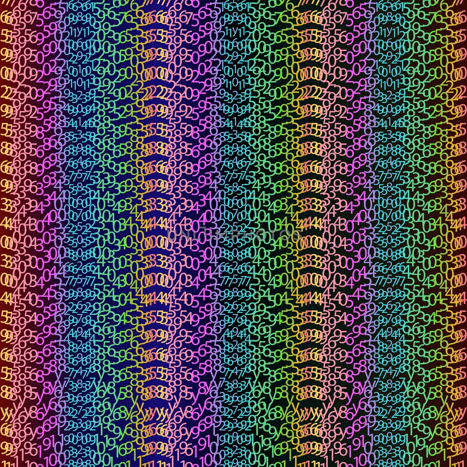 Matrix concept rainbow and black green background with digits on screen. Algorithm binary, data code, decryption and encoding, colorful rainbow row matrix, vector illustration
