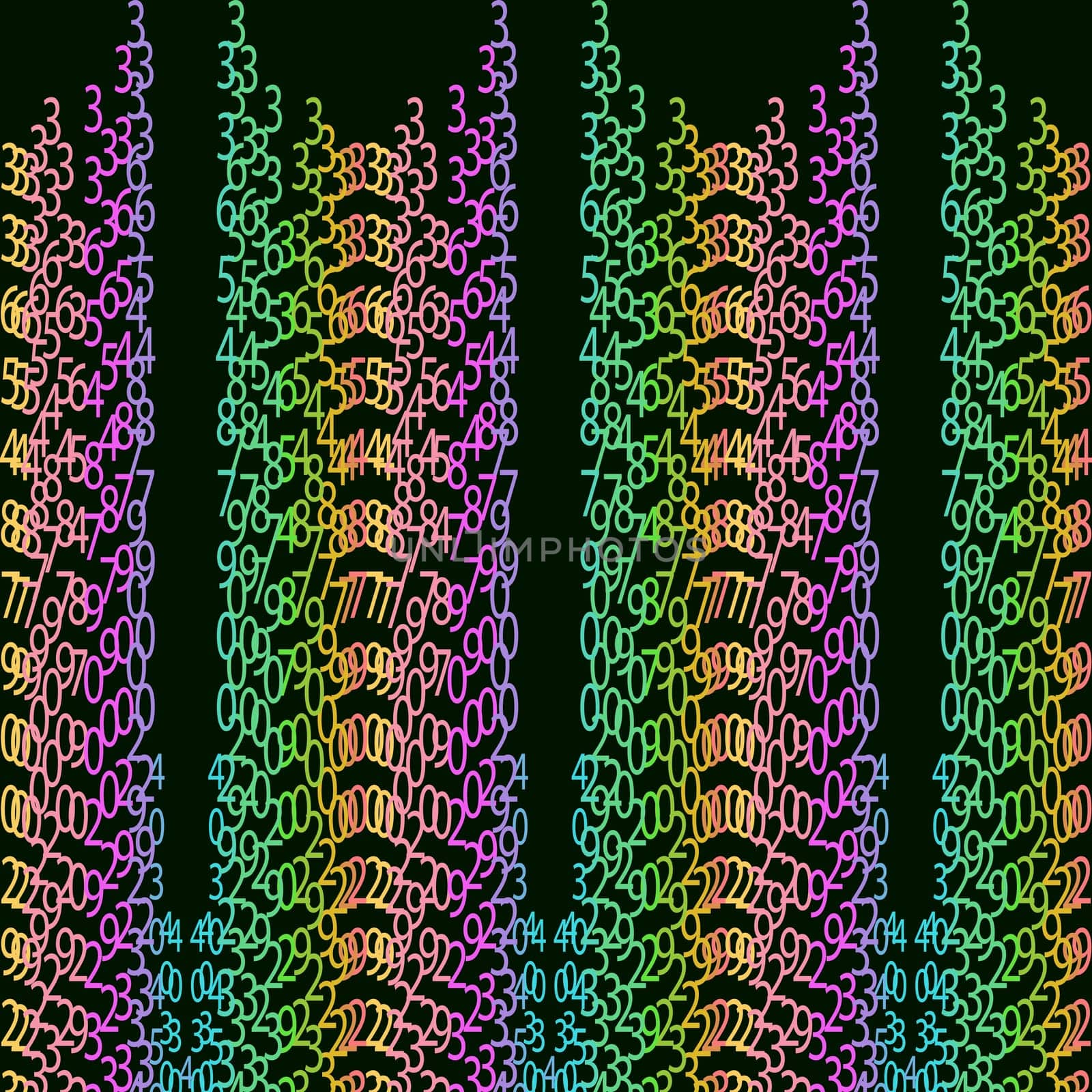 Matrix concept rainbow and black green background with digits on screen. Algorithm binary, data code, decryption and encoding, colorful rainbow row matrix, vector illustration
