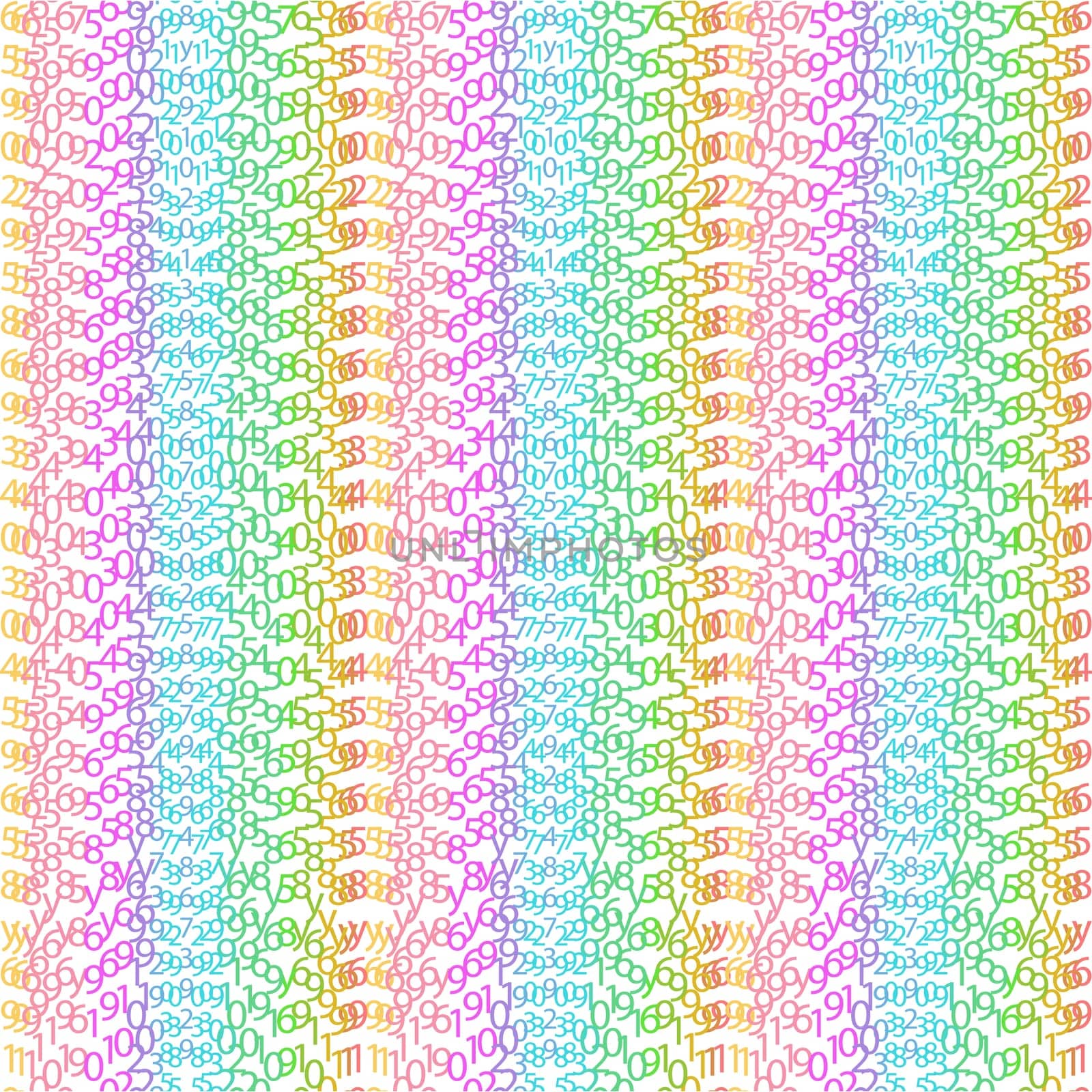 Matrix concept rainbow and white background with digits on screen. Algorithm binary, data code, decryption and encoding, colorful rainbow row matrix, vector illustration