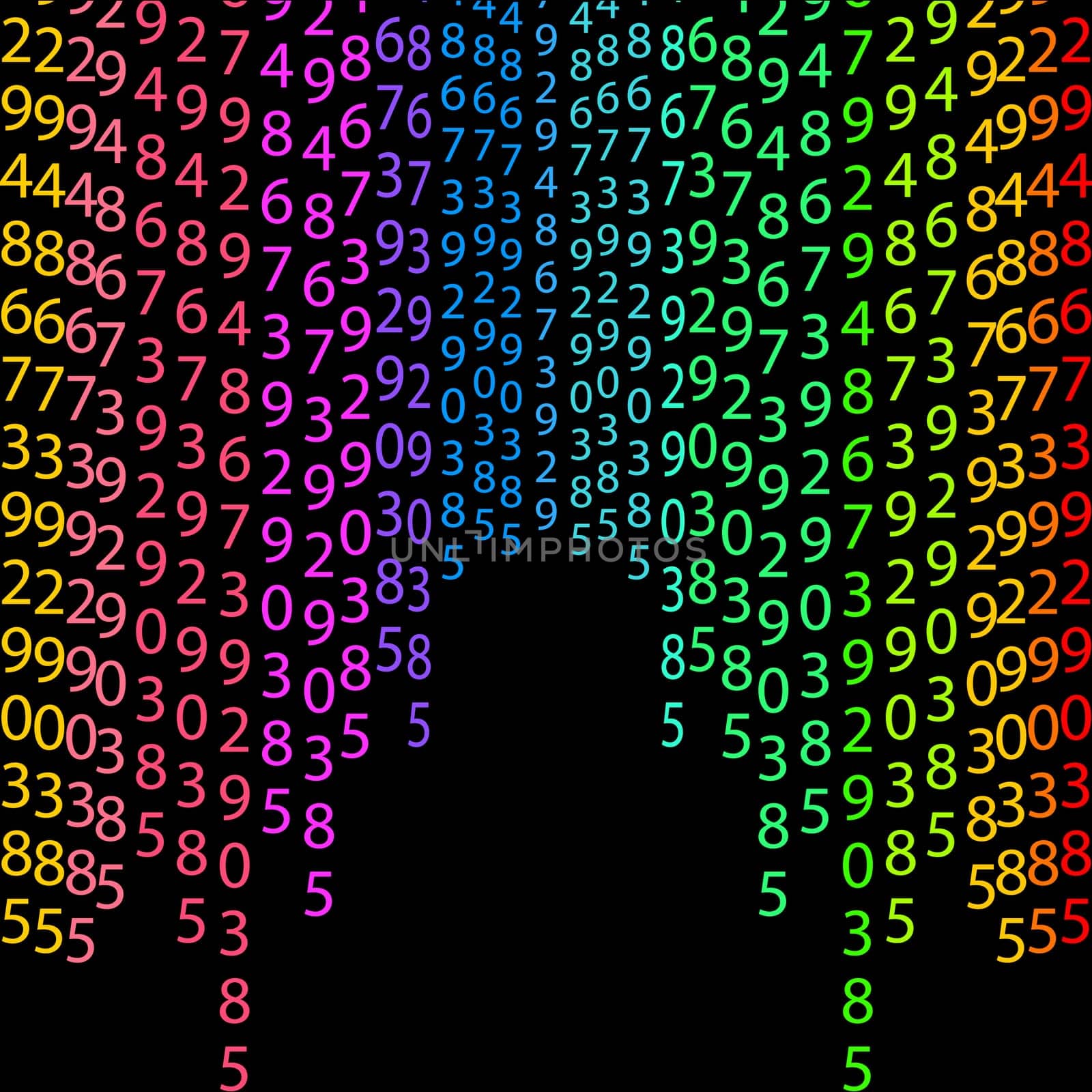 Matrix concept rainbow and black green background with digits on screen. Algorithm binary, data code, decryption and encoding, colorful rainbow row matrix, vector illustration