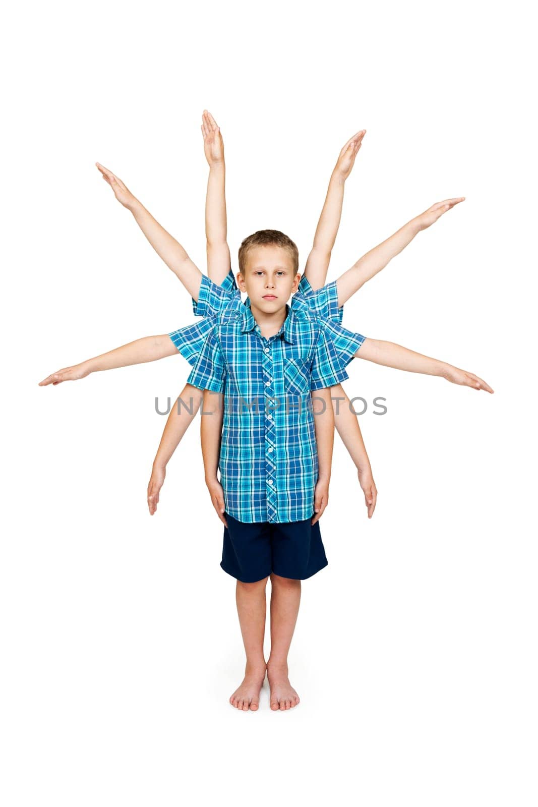 Image montage of a 10-year-old boy with inserted arms in a blue checkered shirt,shorts,barefoot on a white background.