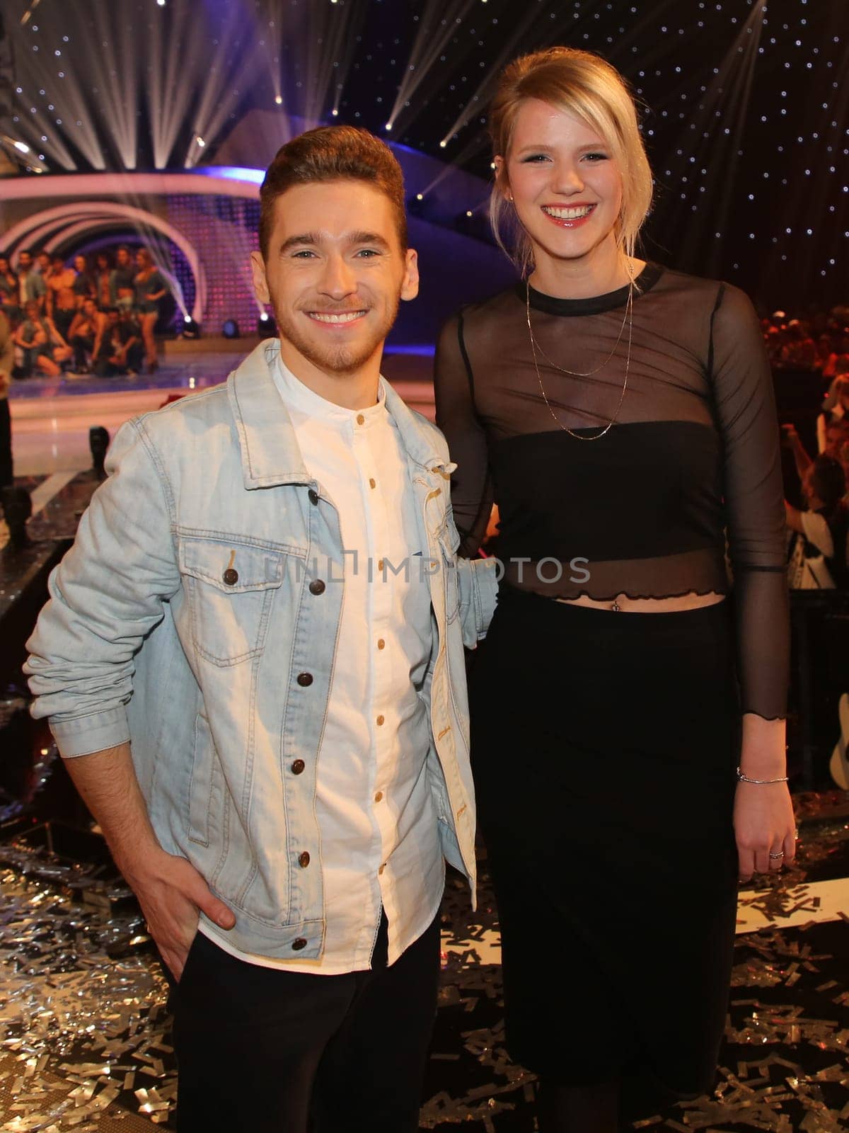 Austria's ESC participant 2017 singer Nathan Trent and German ESC participant 2017 singer Levina after the ARD TV show Schlager Countdown in Oldenburg on 25.03.2017
