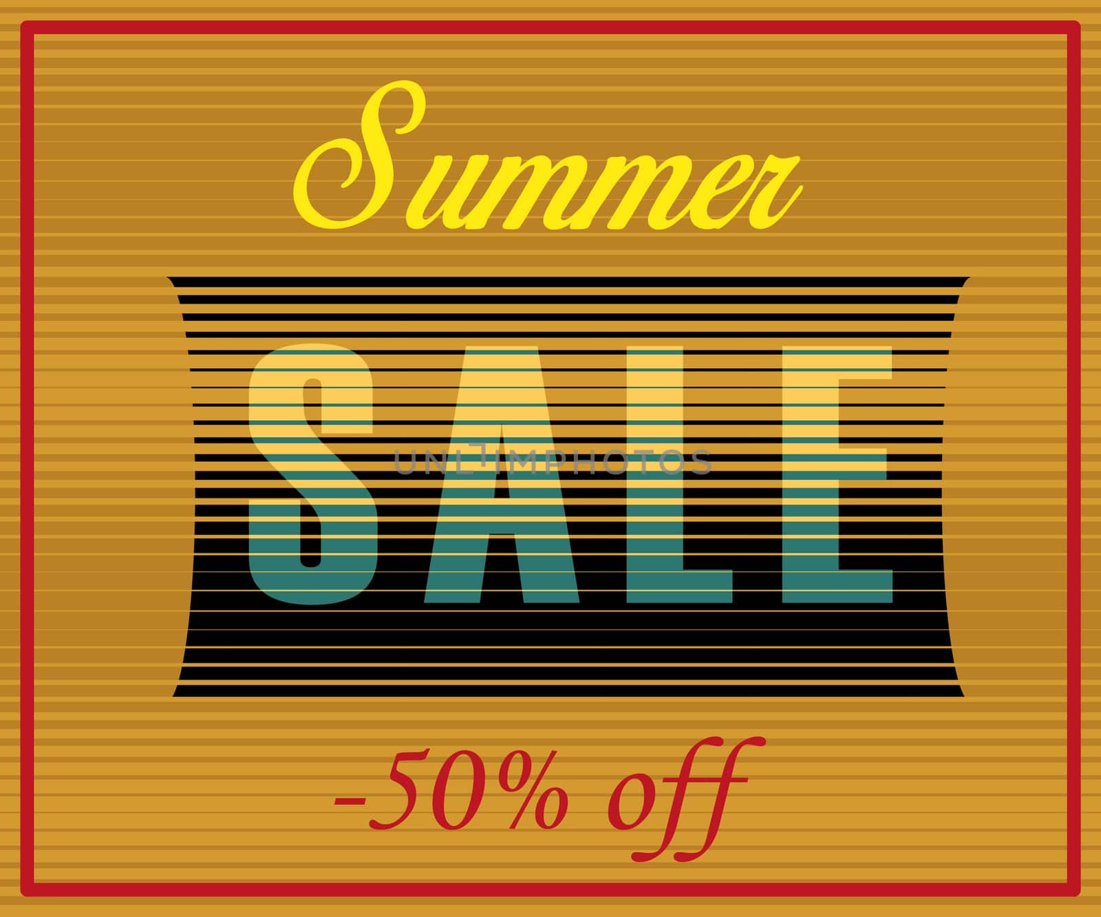 Summer Sale Inscription. Fifty percents off. Artistic font. Striped Yellow Blue Letters. Illustration.