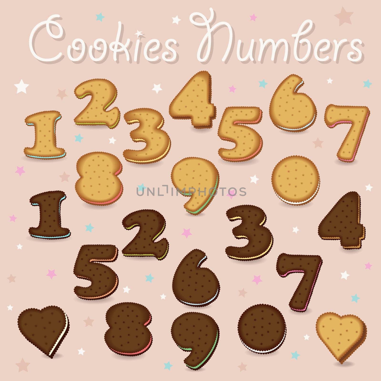 Sweet Cookies Numbers. Yellow and Brown Numerals with colorful cream. Illustration