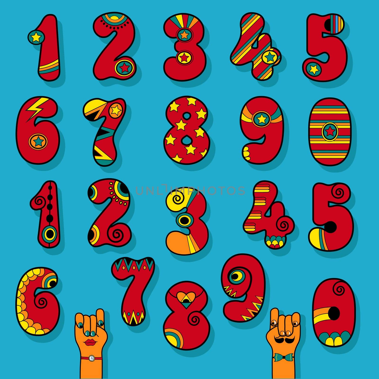 Set of Vintage Numerals. Red signs with bright colorful decor. Superhero and Disco Style. Cartoon Hands. Illustration