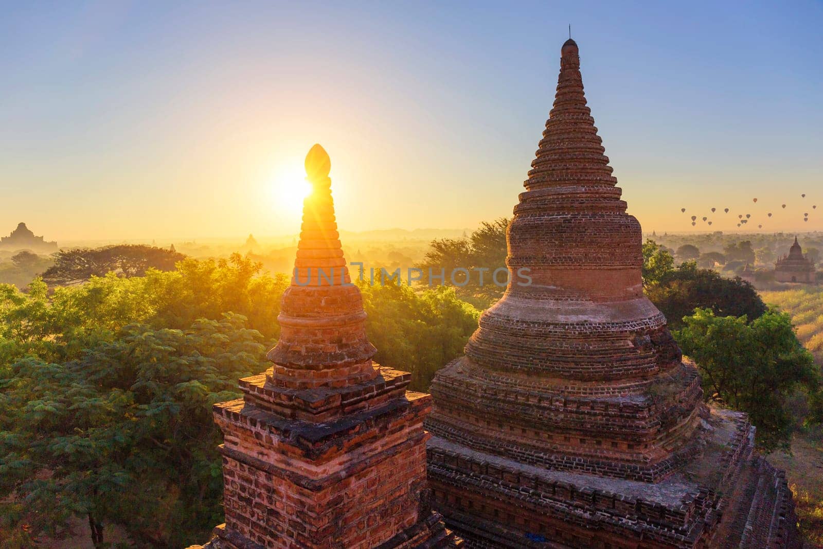 Scenic view of ancient Bagan temple during golden hour
