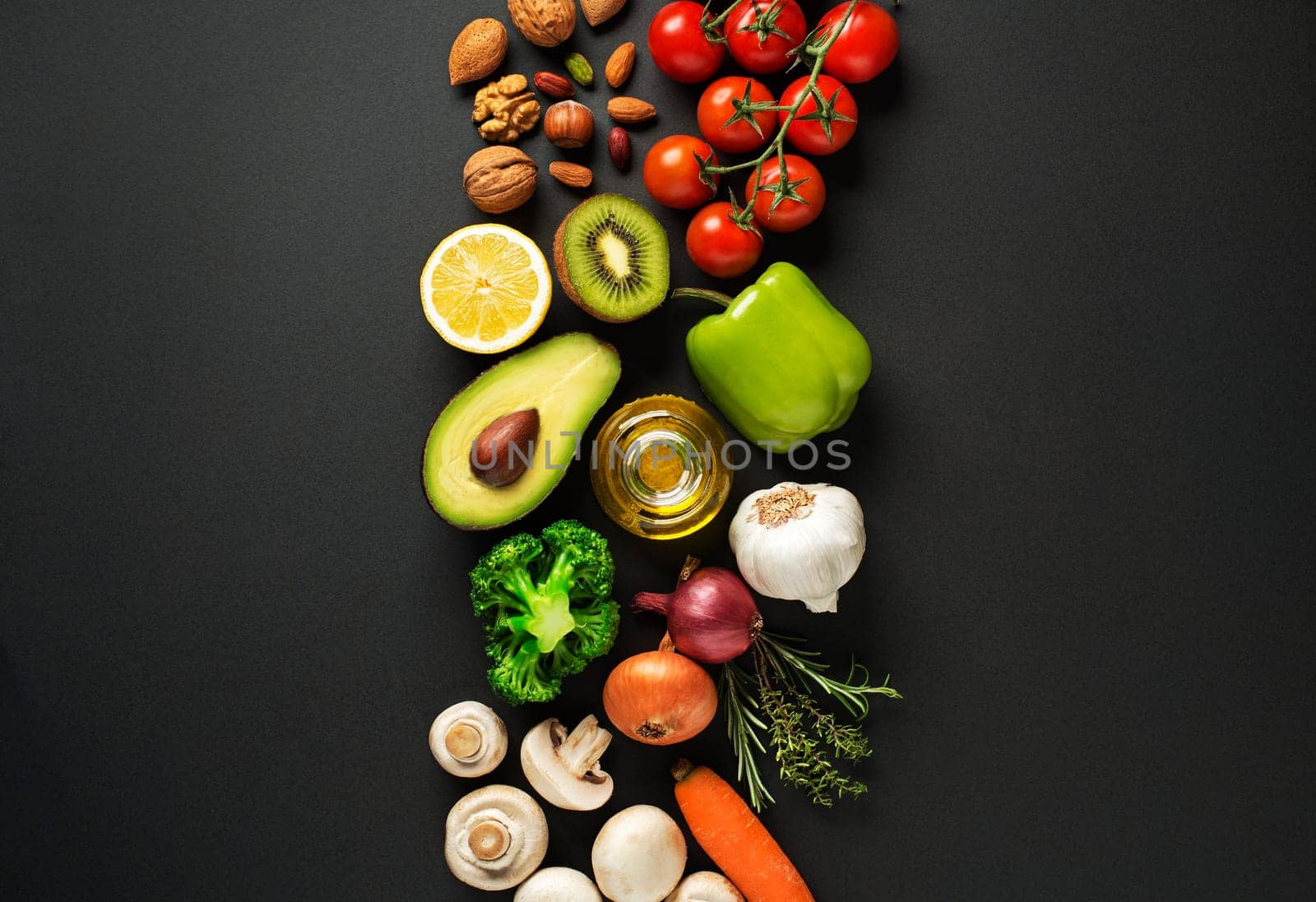 Selection of healthy food with vegetables and fruits. Healthy diet foods for heart, cholesterol and diabetes
