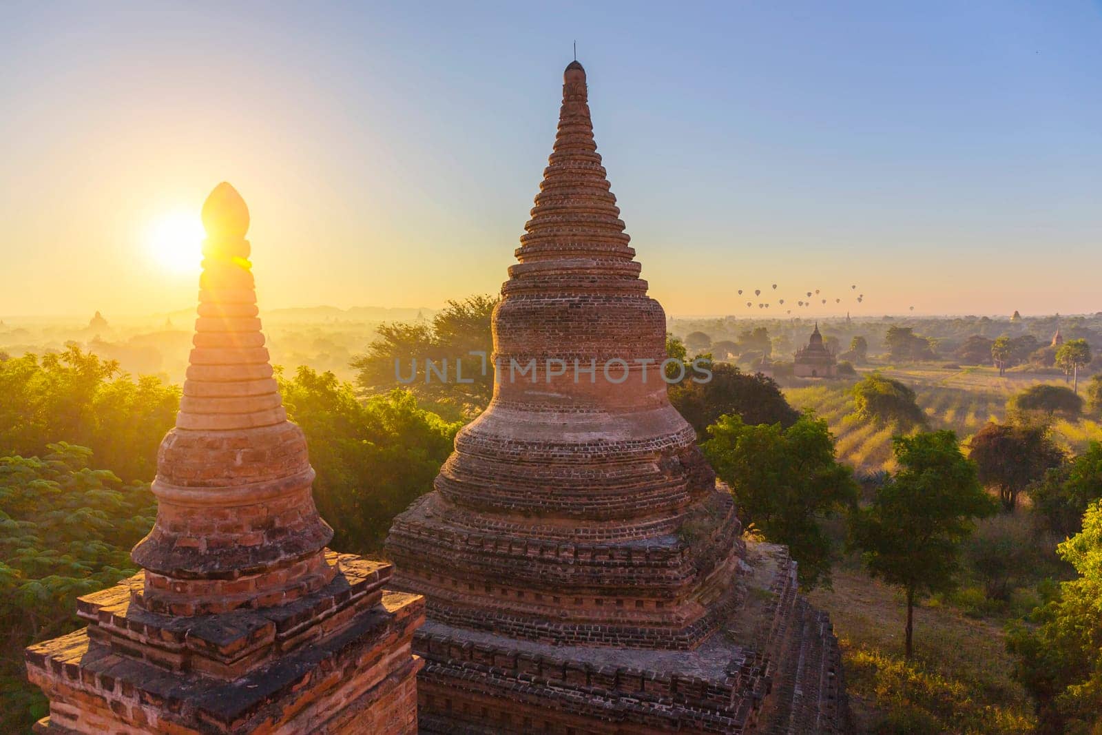 Scenic view of ancient Bagan temple during golden hour