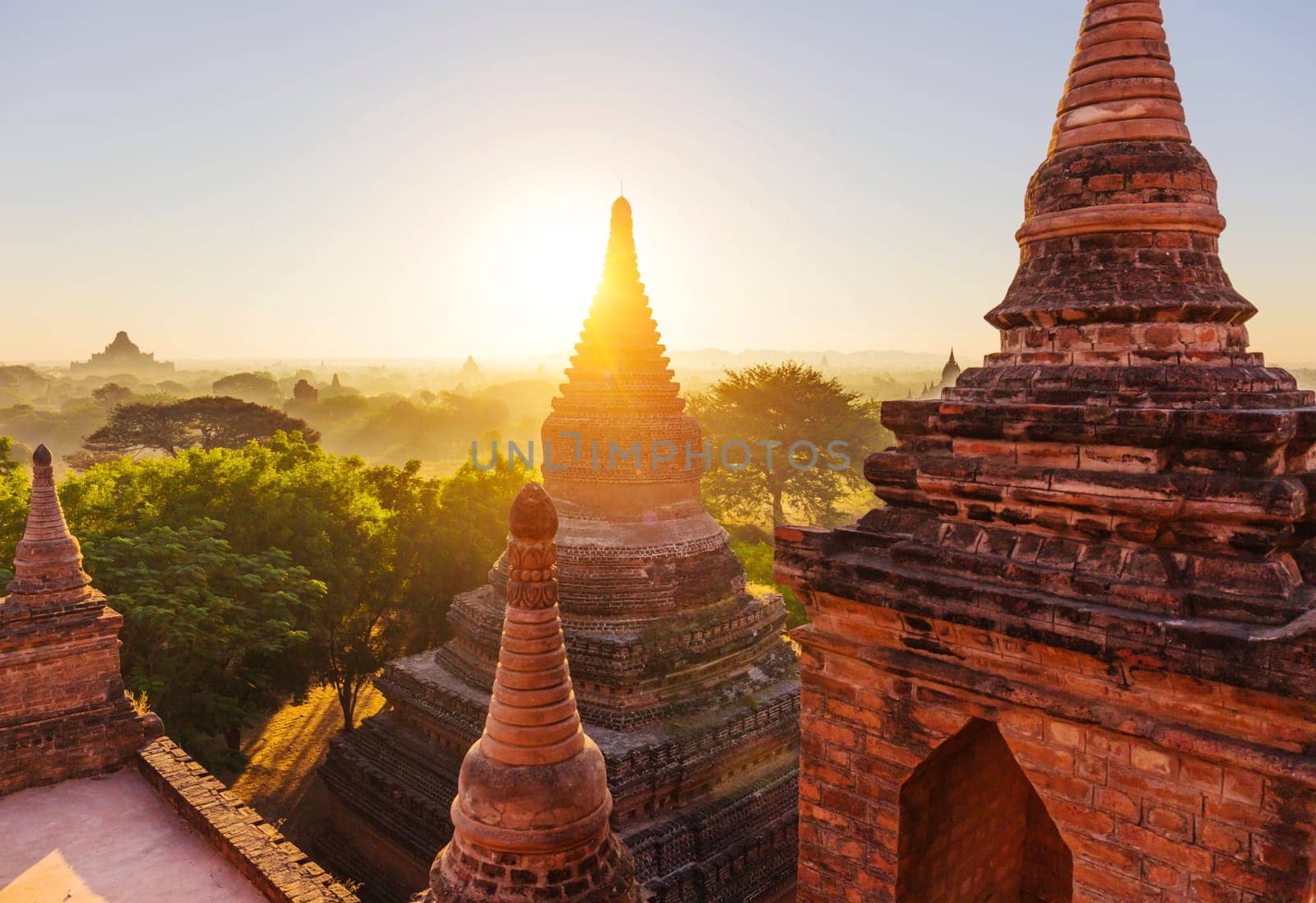 Scenic view of ancient Bagan temple during golden hour