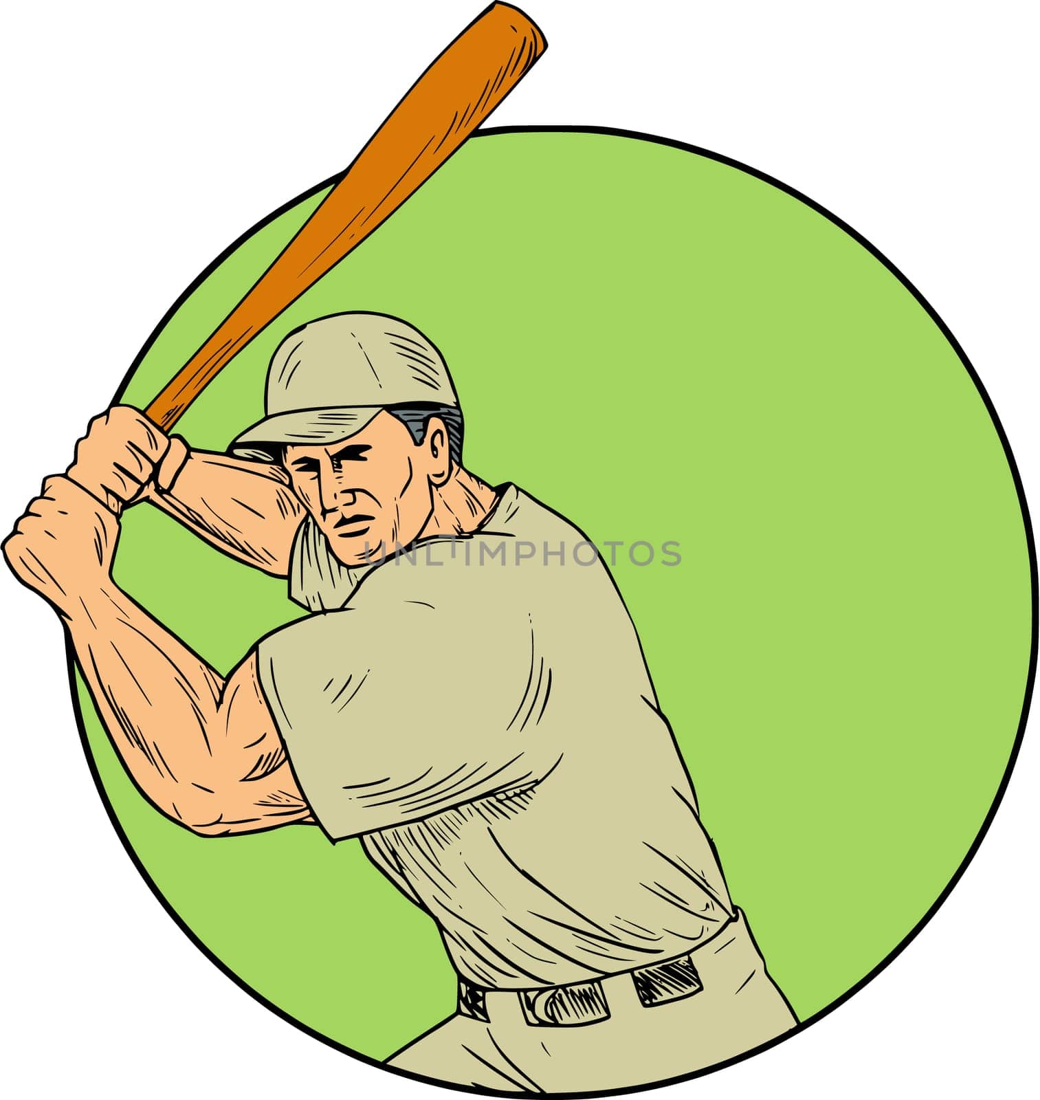 Drawing sketch style illustration of an american baseball player batter hitter holding bat in batting stance viewed from front set inside circle.