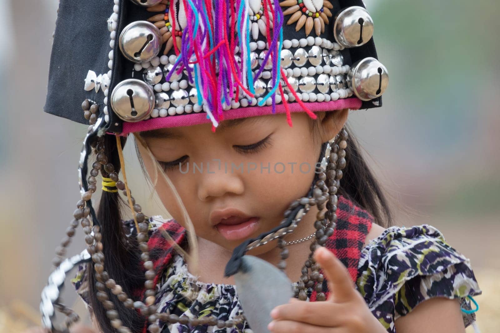 Akha girls,ethnic group of the mountain people with traditional headdress