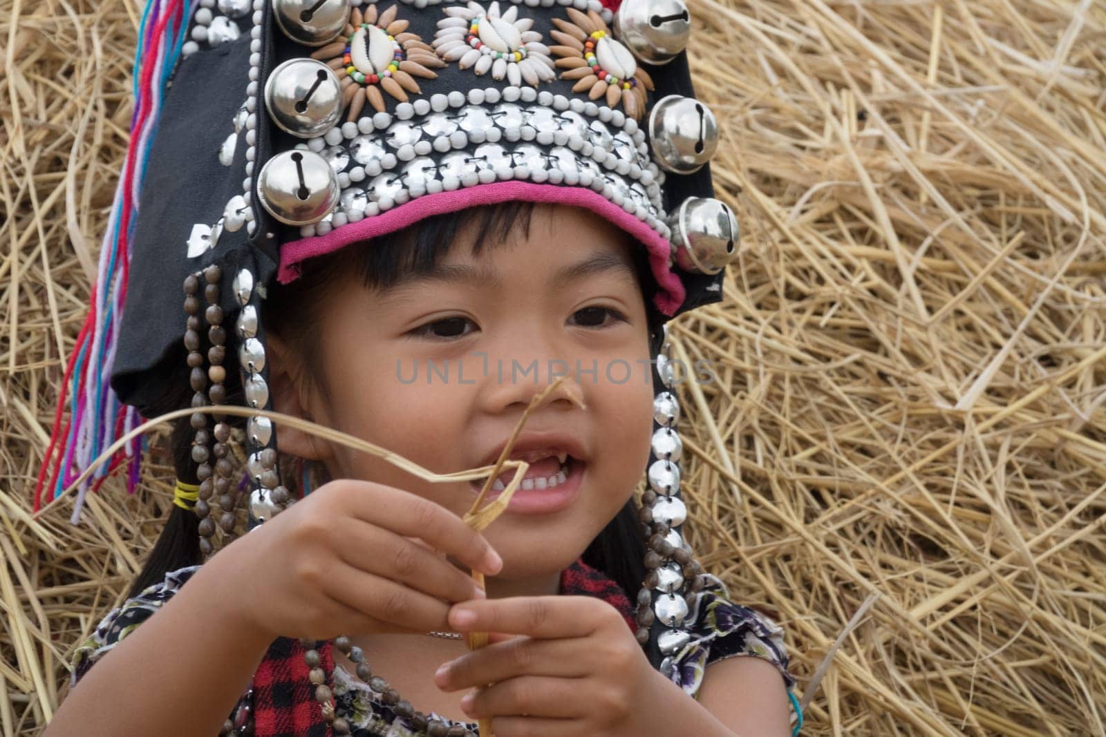 Akha girls,ethnic group of the mountain people with traditional headdress
