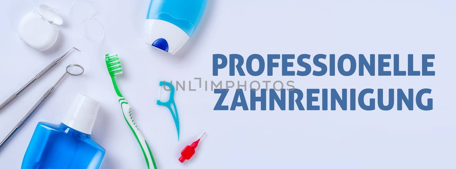 Dental care products on a bright background - Professional tooth cleaning
