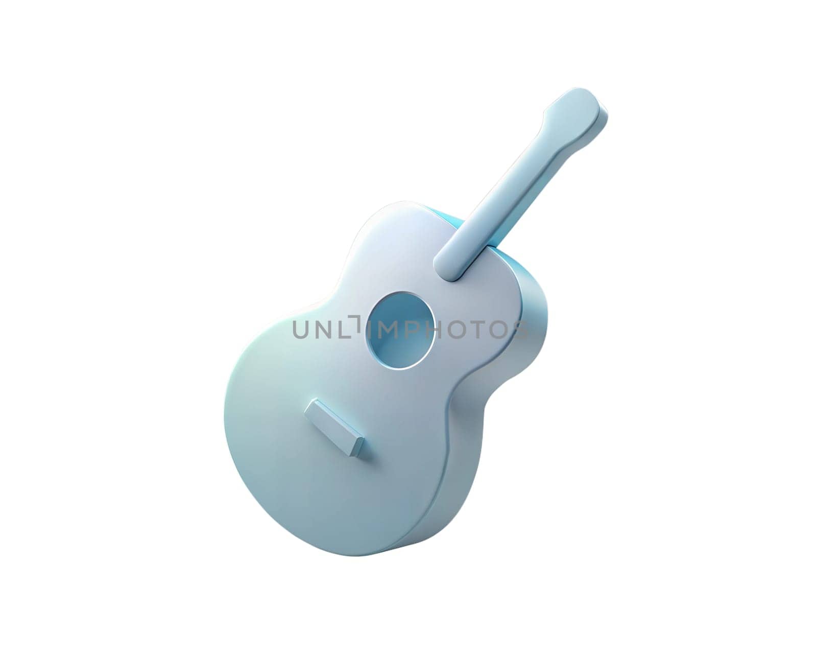 A modern, sleek 3D holographic icon of a guitar, isolated on white background, symbolizing music, creativity, and art in a minimalist design.