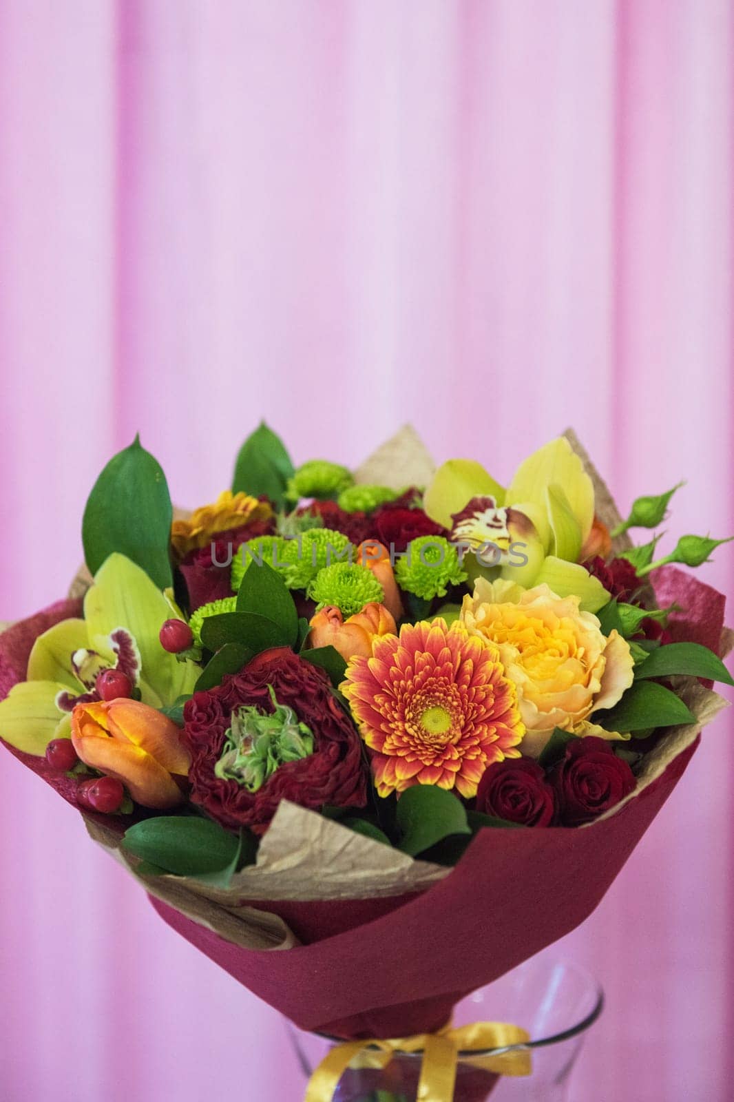 beautiful wedding bouquet on pink background