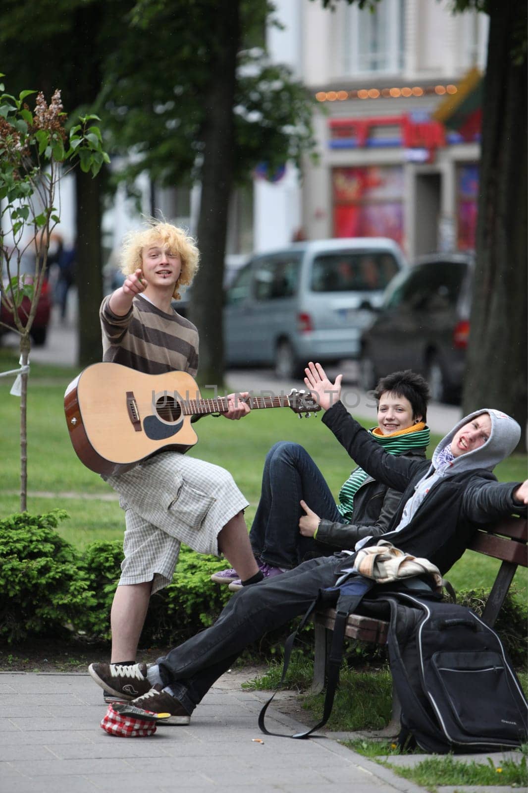 Kids play music and dance in the City Vilnius with the Cityhall  in the Baltic State of Lithuania