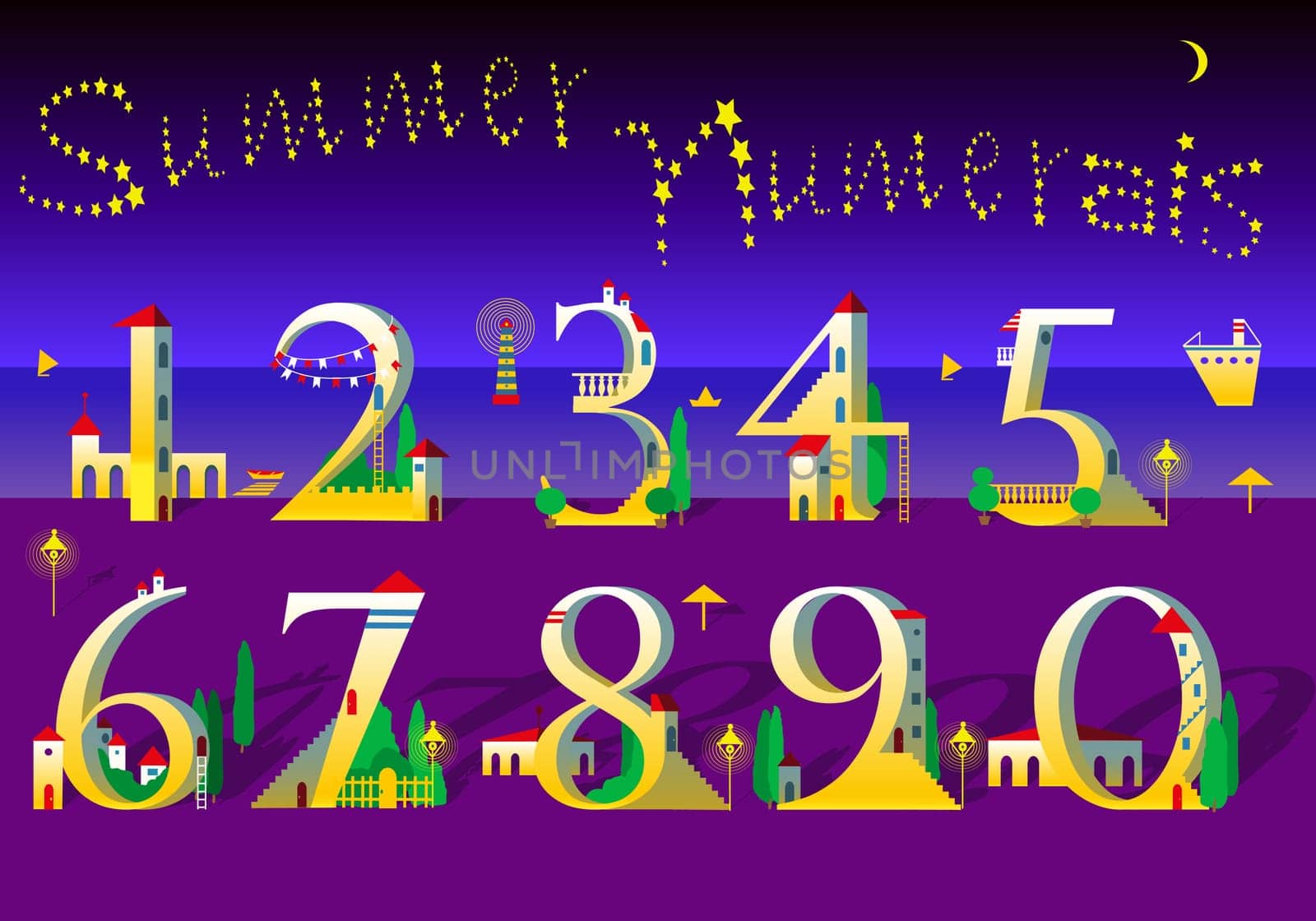 Summer Numbers. Signs are as white and yellow houses with red roofs, doors, windows and stairs. Purple and blue background is as sea and beach. Text by stars in the sky.  Illustration