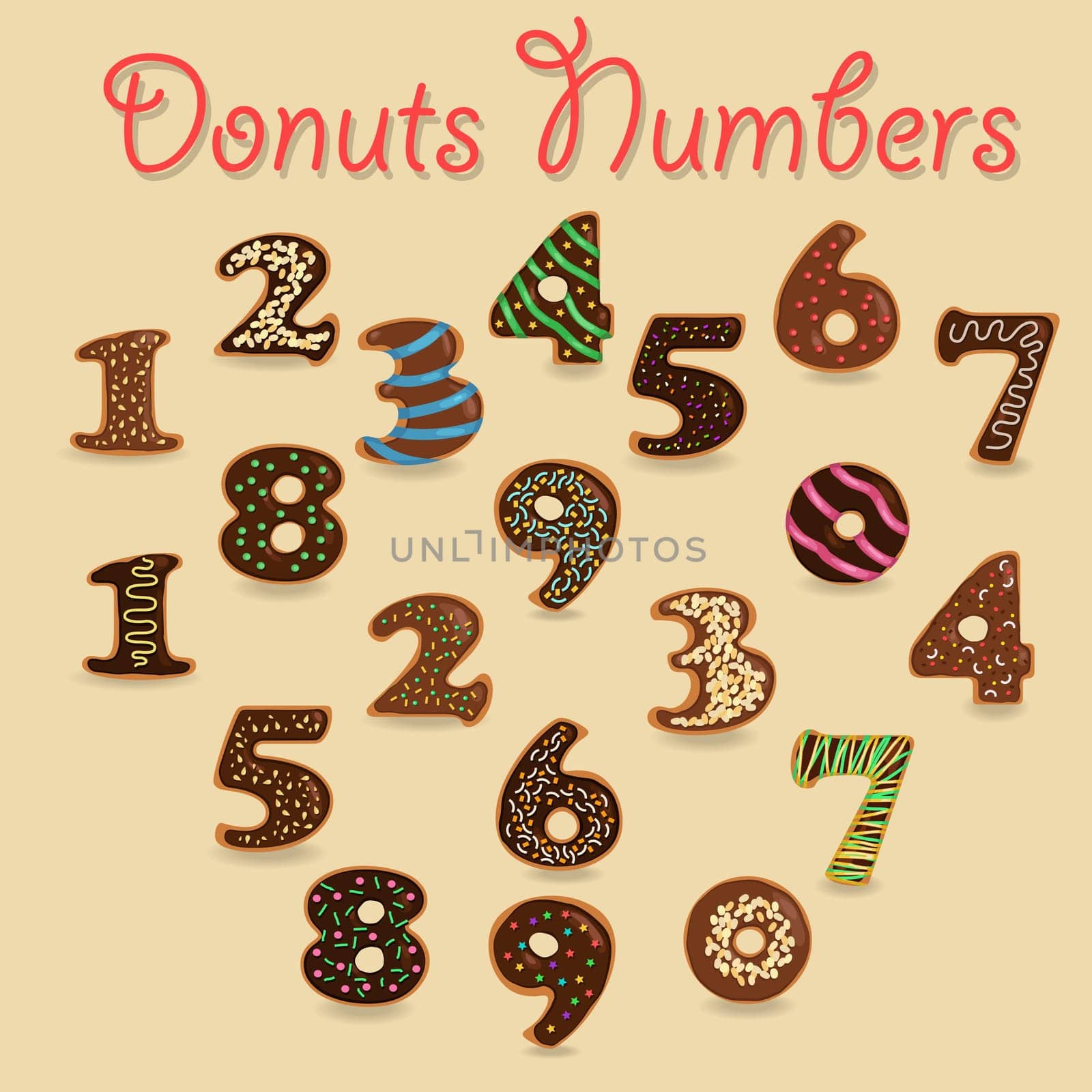 Chocolate Donuts Numbers. Brown Numerals with colorful cream and nuts decor.  Illustration