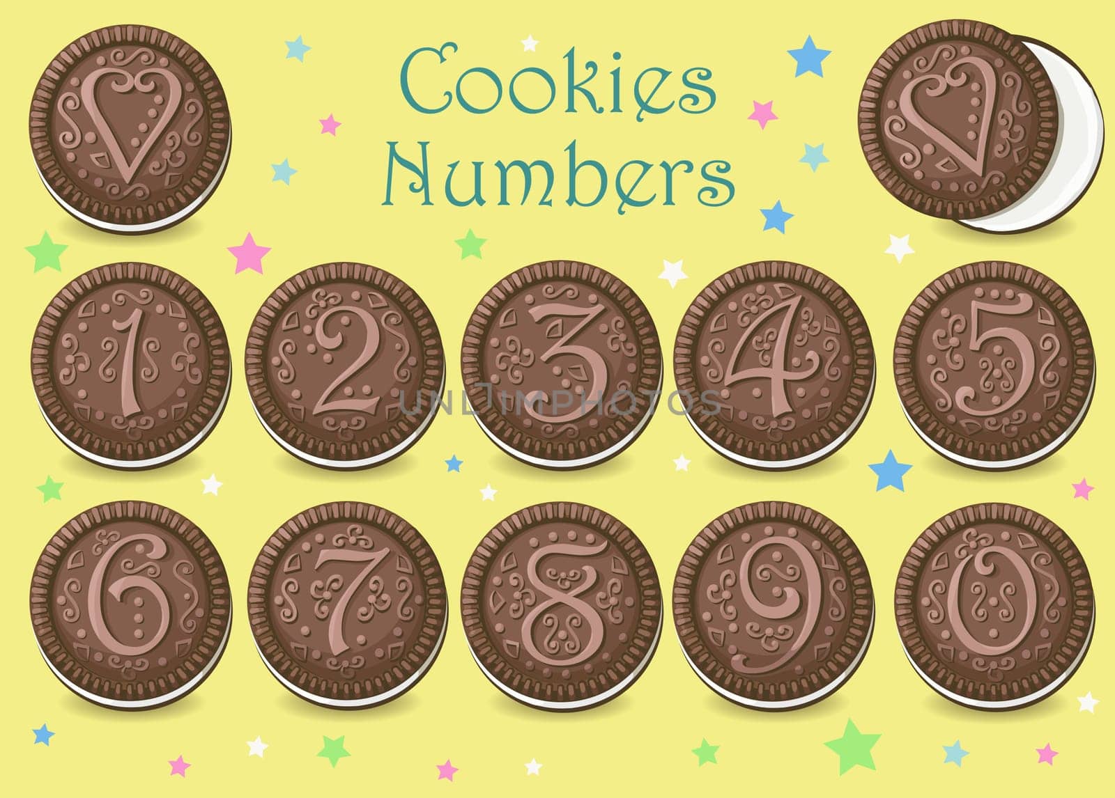 Chocolate Round Cookies with graceful decor and numerals.  illustration