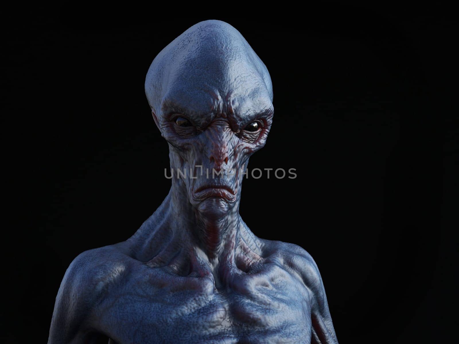 Portrait of an alien creature, 3D rendering. Black background.