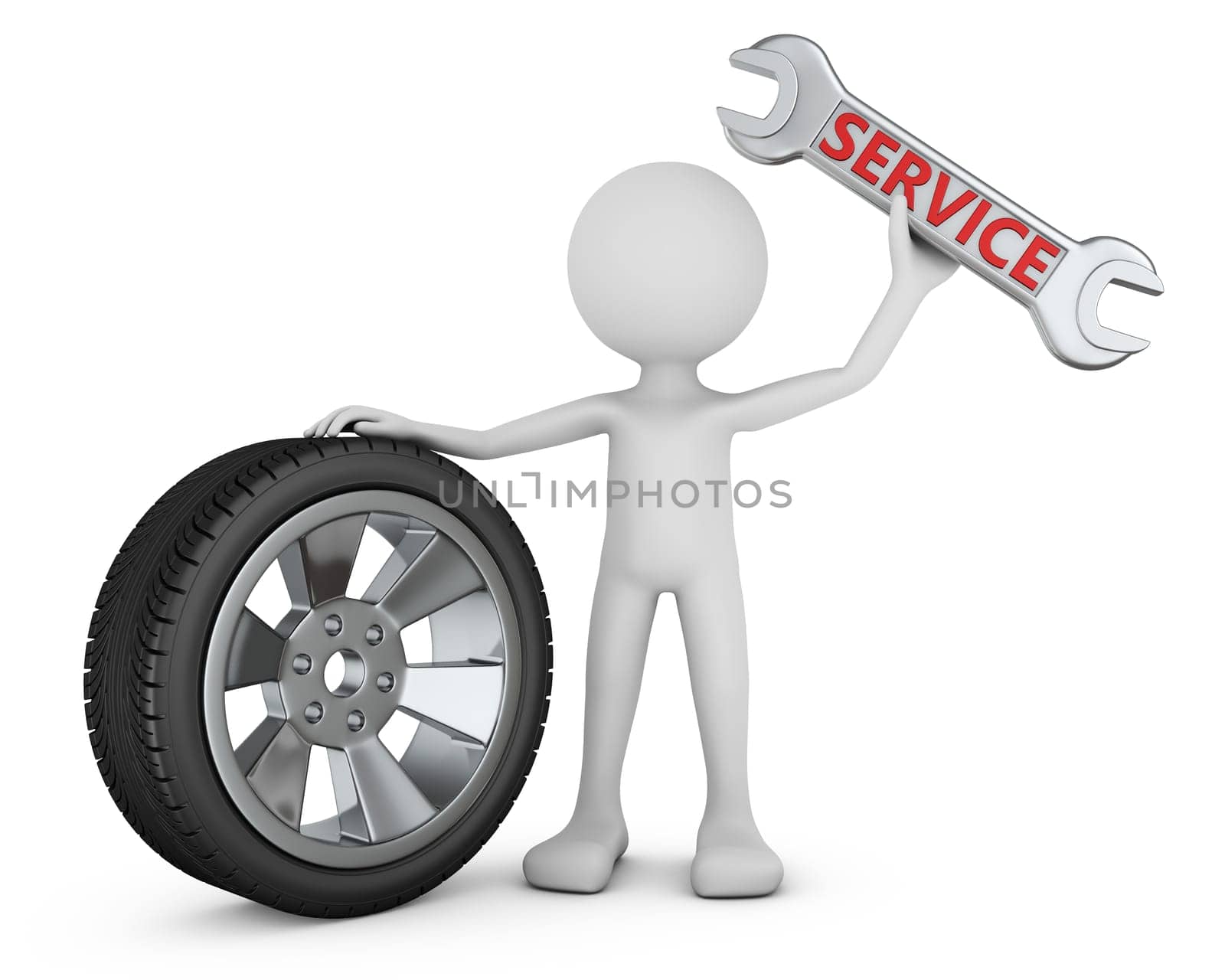 A man with a key and a wheel. 3d rendering.