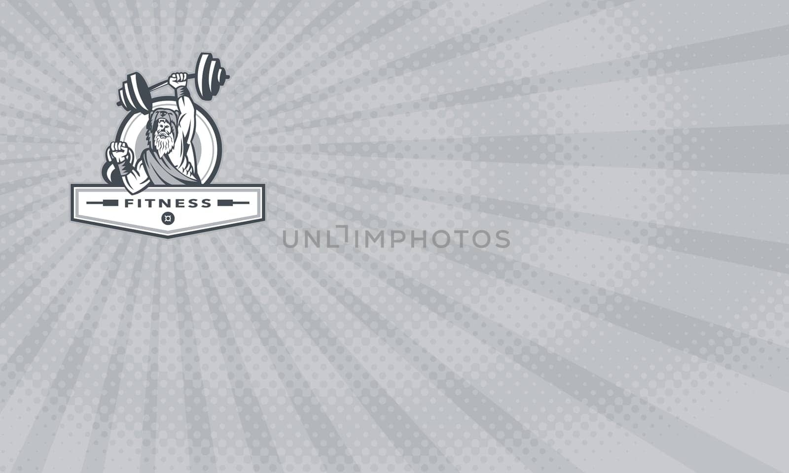 Business card showing Illustration of a berserker, a champion Norse warrior wearing pelt of bear skin lifting barbell and kettlebell viewed from front set inside circle with the word text Fitness inside banner done in retro style. ....