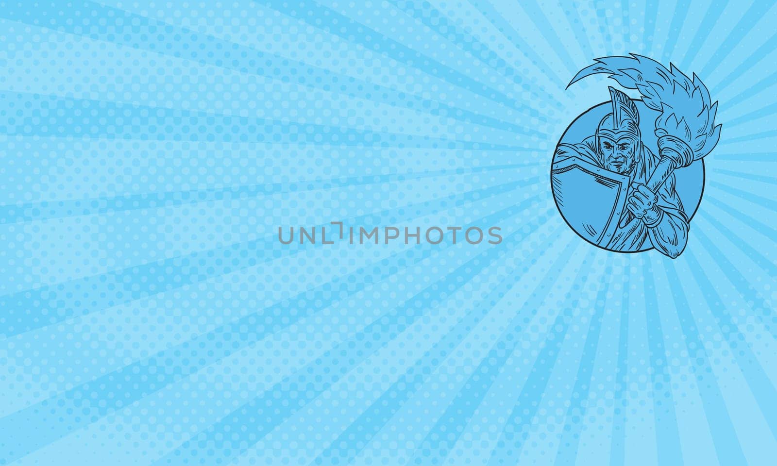 Business card showing Drawing sketch style illustration of centurion roman soldier gladiator holding flaming torch and shield viewed from front set inside circle.....