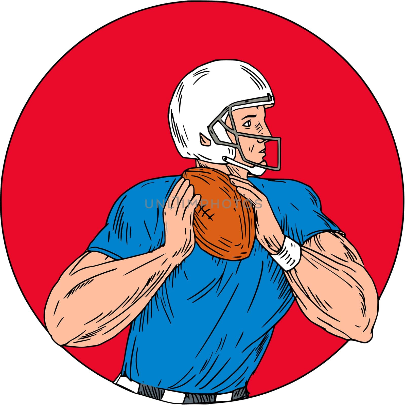 Drawing sketch style illustration of an american football gridiron quarterback player holding ball ready to throw ball viewed from the side set inside circle on isolated background.
