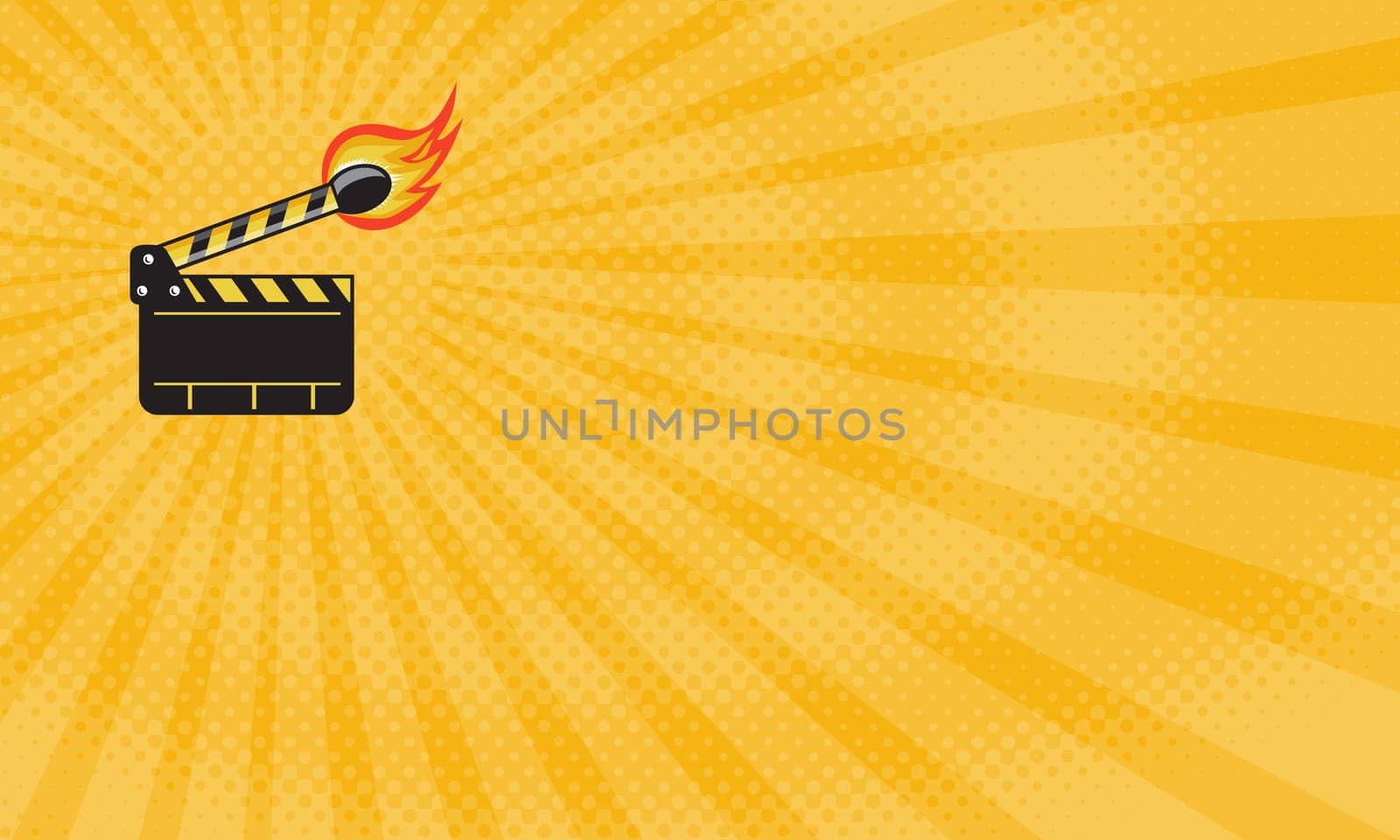 Business card showing Illustration of a clapper board match stick on fire set done in retro style. ....
