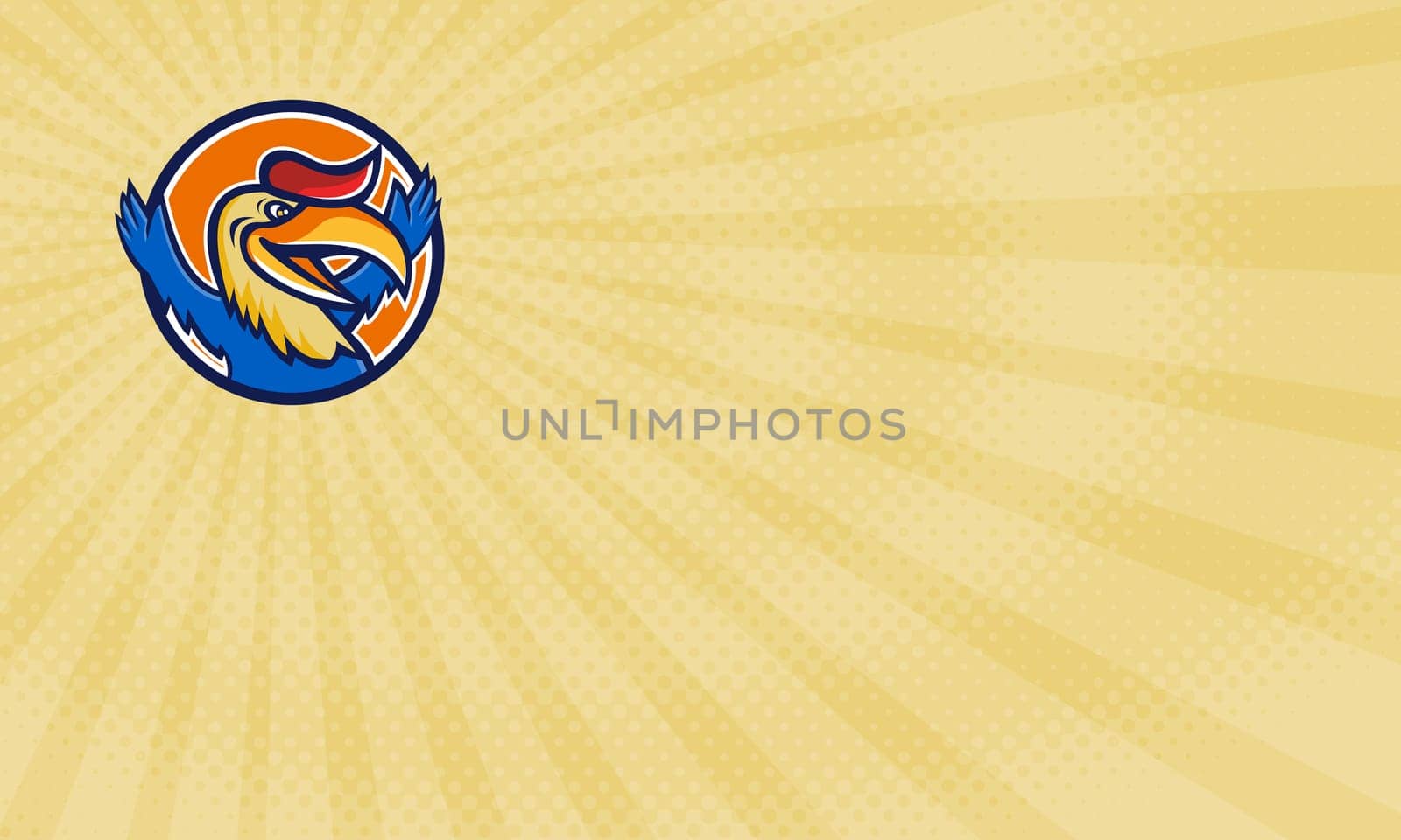 Business card showing Illustration of a hornbill or bucerotidae, a bird with a  a long, down-curved bill looking to the side with open arms set inside circle done in cartoon style. ....