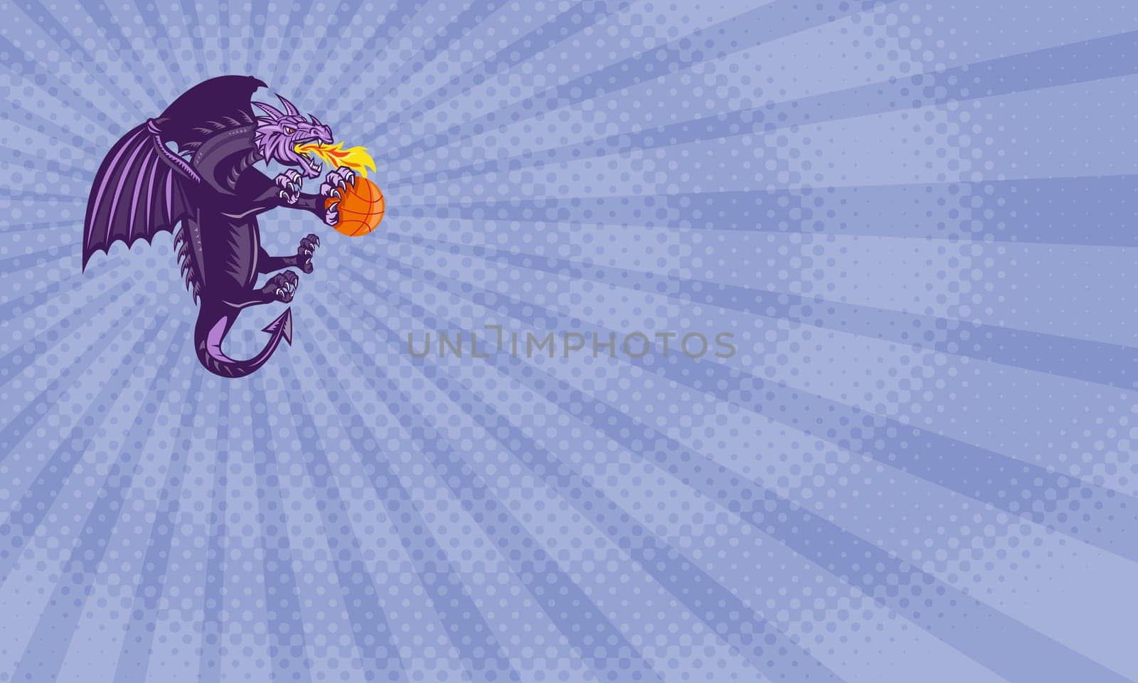 Business card showing Illustration of a purple dragon breathing fire clutching holding an orange basketball viewed from the side done in retro style. ....