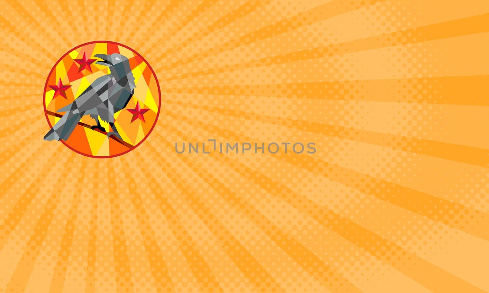 Business card showing Low polygon style illustration of a crow bird perched on a piece of wood looking back set inside circle with stars in the background. ....