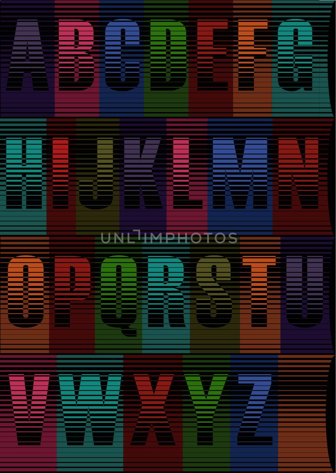 Unusual alphabet. Striped artistic font. Illustration