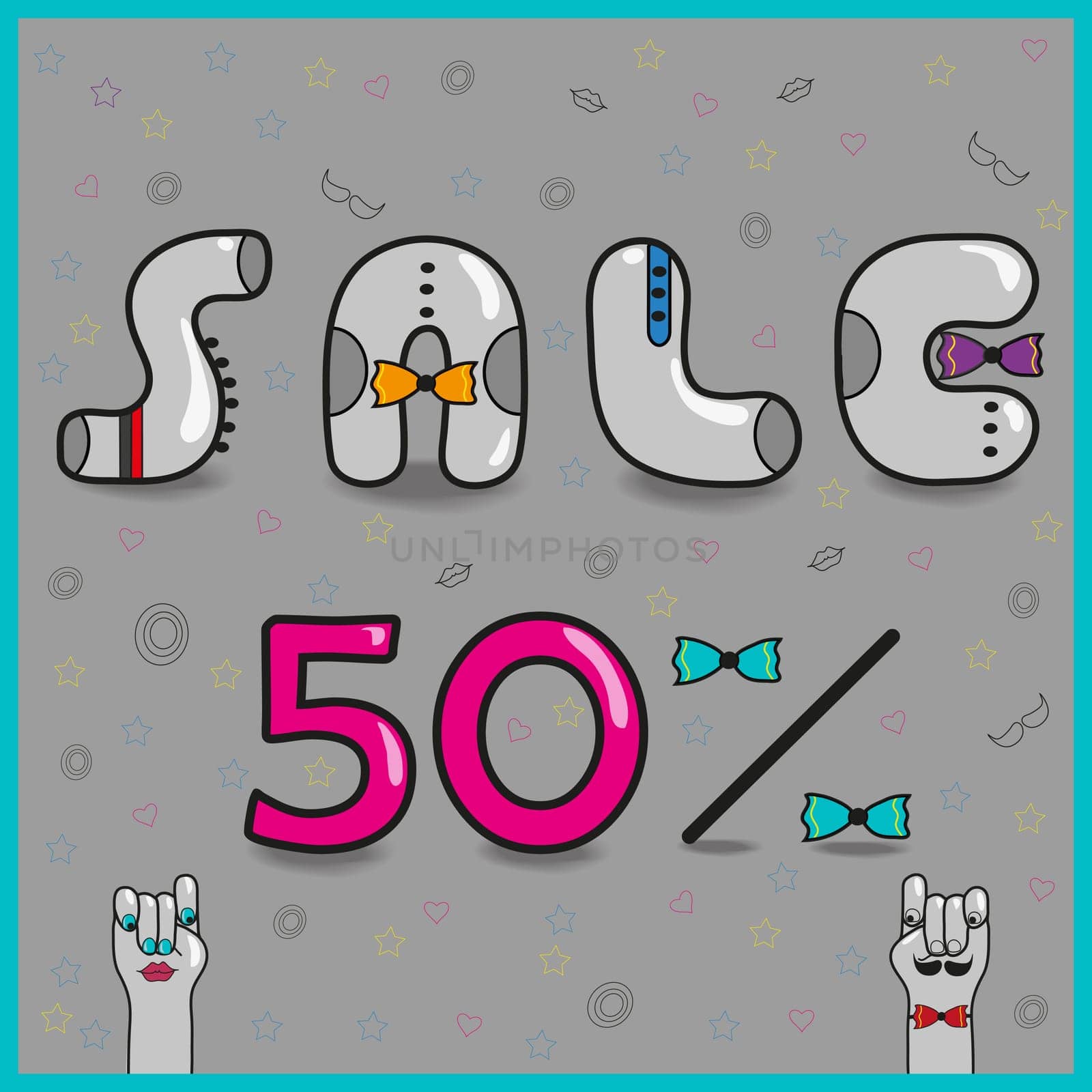 Inscription sale. Fifty percents. Hipster style. Gray cartoon letters with colorful ties. Pink numerals. Cartoon hands looking at each other. Illustration