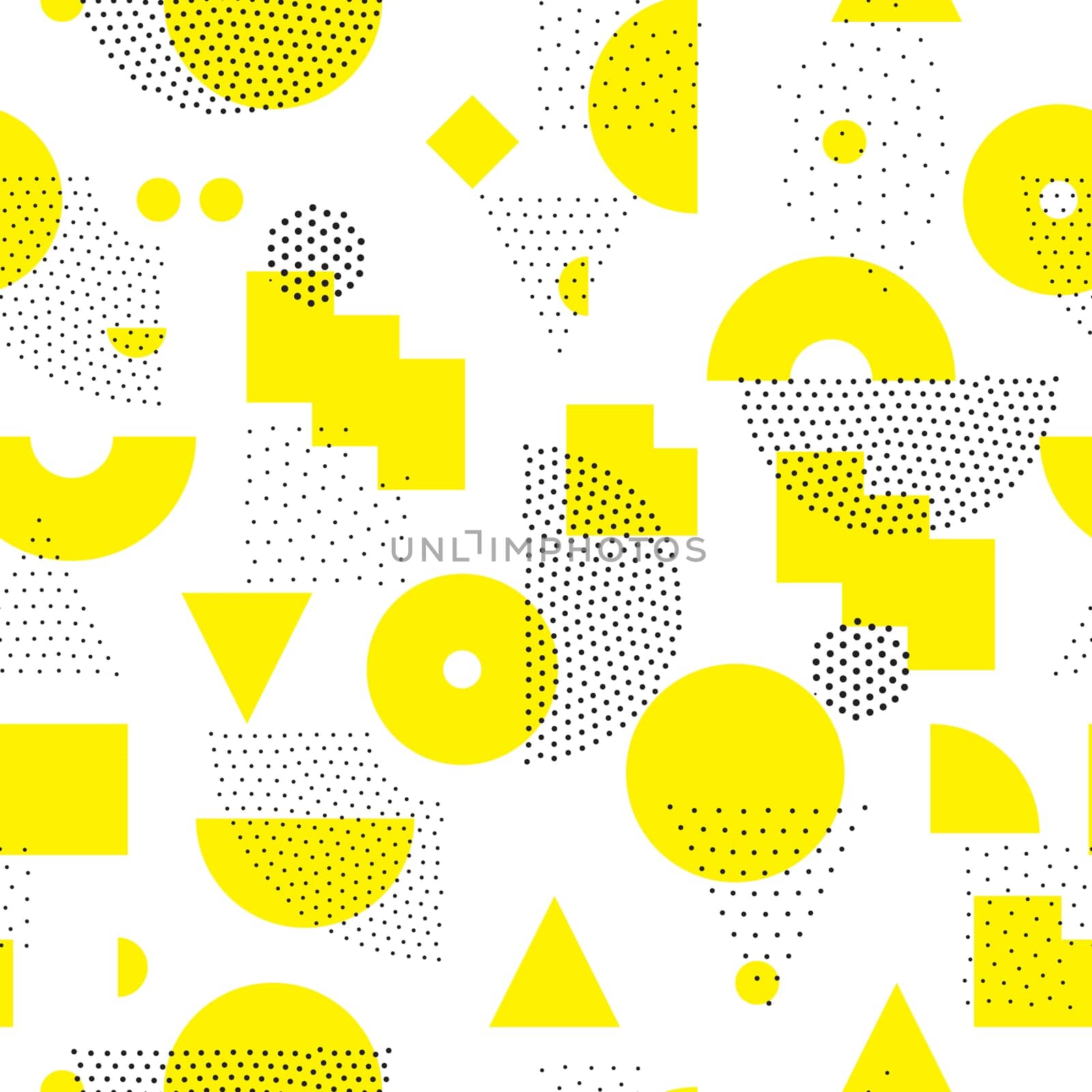Vector geometric seamless pattern. Universal Repeating abstract circles figure in black white yellow. Modern halftone circle design, pointillism