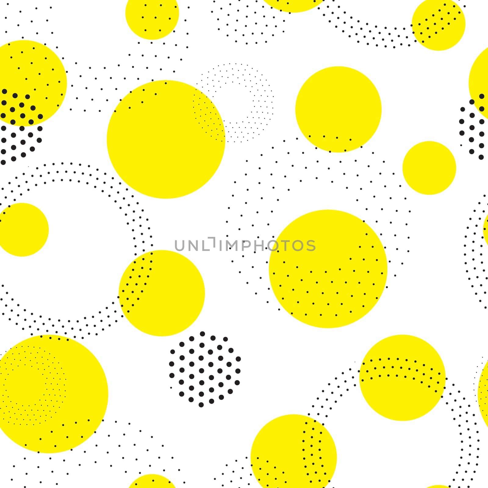 Vector geometric seamless pattern. Universal Repeating abstract circles figure in black white yellow. Modern halftone circle design, pointillism