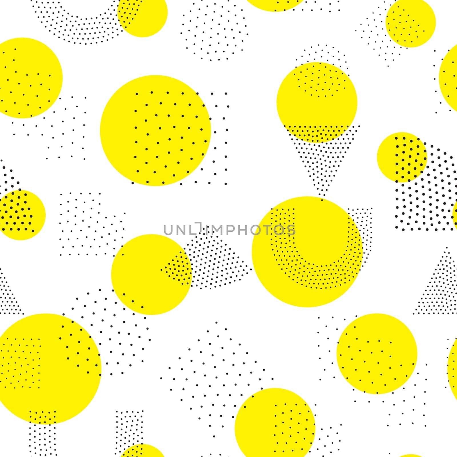 Vector geometric seamless pattern. Universal Repeating abstract circles figure in black white yellow. Modern halftone circle design, pointillism
