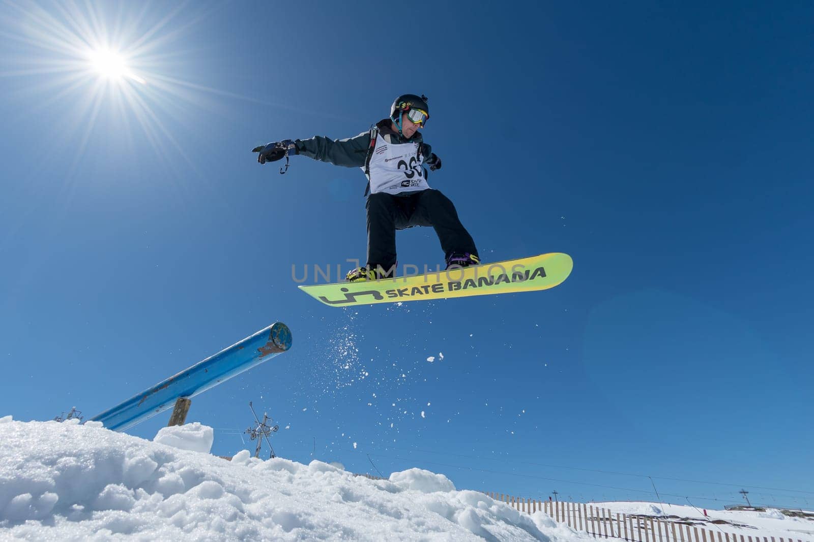 COVILHA, PORTUGAL - APRIL 2, 2017:  Pedro Sezulfe during the National Snowboard  Championships at Serra da Estrela, Covilha, Portugal.